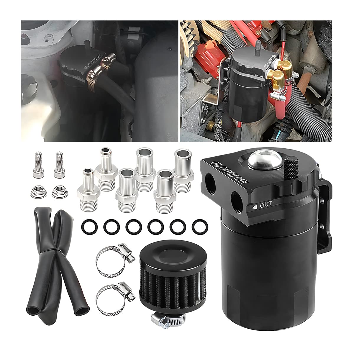 Aicel Baffled Oil Catch Can Kit, Aluminum Polish Baffled Car Oil Separator Catch Can With Fuel Line Hose Kit, Car Accessories 300Ml Universal Oil Reservoir Tank With Breather Filter