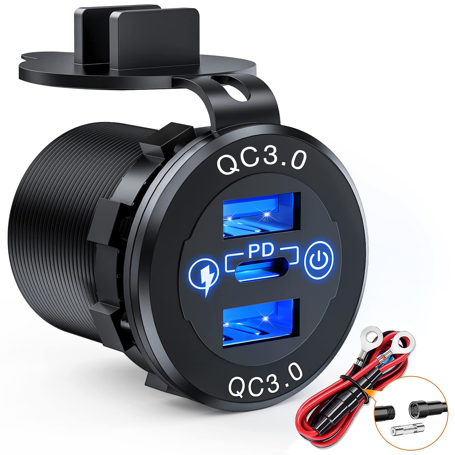 Nilight Quick Charge Socket Pd Type C And Qc3.0 Dual Usb Charger 12V 24V Car Outlet On Off Touch Switch Fused Wire Kit For Cars Trucks Rvs Campers, 2 Years Warranty