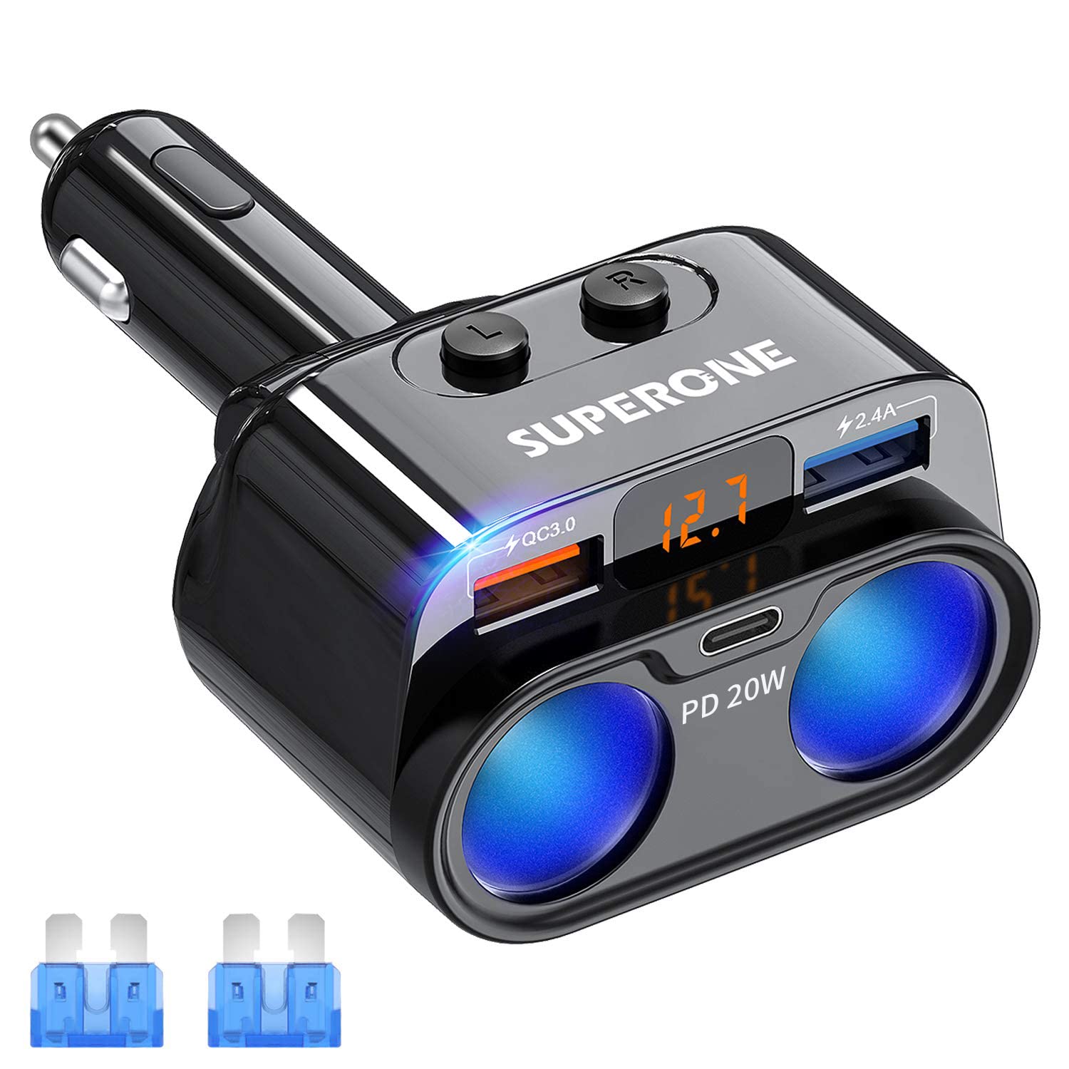Superone 200W 2-Socket Cigarette Lighter Splitter Power Adapter, Usb C Car Charger With 20W Power Delivery 3.0 & Qc 3.0 For Iphone 15 Pro Max/14/13/12/11/11 Pro/X/8/7, Samsung, Google Pixel And More