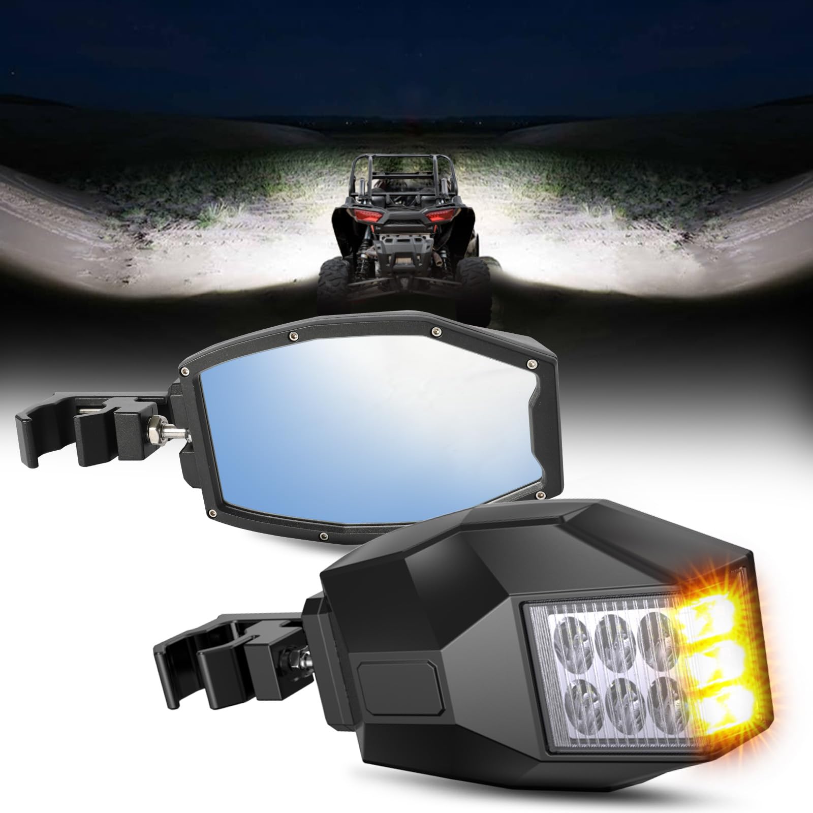 Braveway Side View Mirrors With Turn Signal + Work Lights Flood Beam For Atv Utv 1.75'-2', Compatible With Pioneer Polaris Rzr Side By Side Can Am X3 Kawasaki Teryx Mule Yamaha Rhino Wolverine