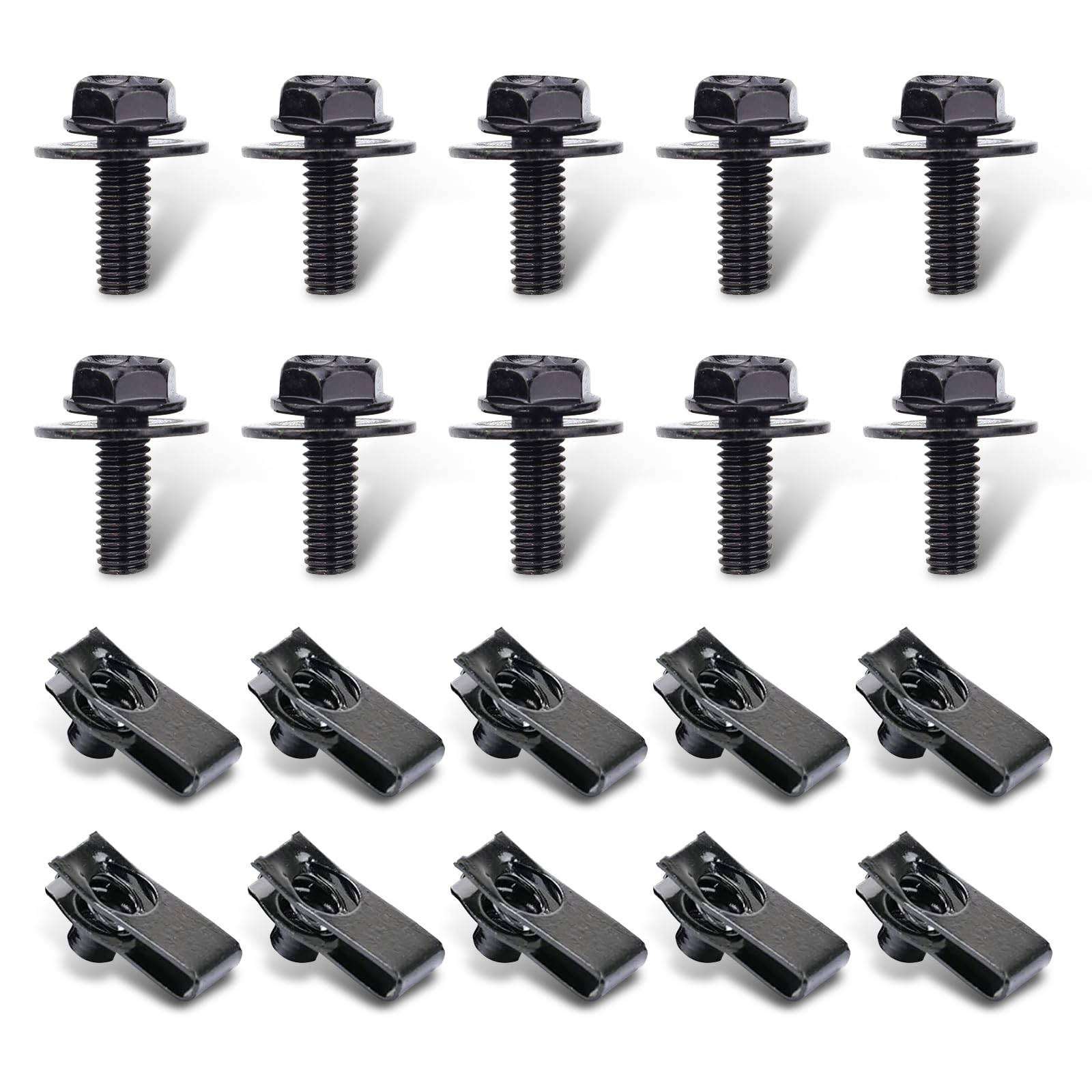Ugshy 20 Pcs Automotive Body Bolt And U-Nut Clamp Kit, Hood Guard Spiral, Bumper Fender Liner Push Pull Metal Rust-Resistant U Retainer, Universal For Most Cars Fastening Accessories (Black)