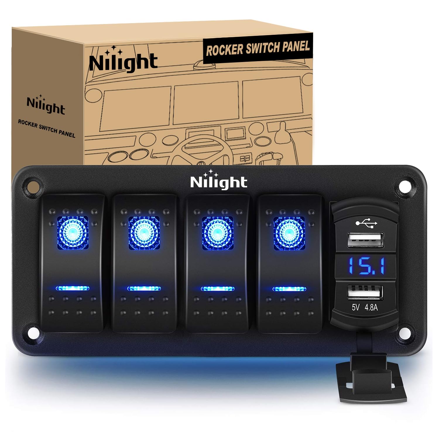 Nilight 4 Gang Rocker Switch Panel With 4.8 Amp Dual Usb Charger Voltmeter Waterproof 12V 24V Dc Rocker Switch With Night Glow Stickers For Car Trucks Boats Rvs,2 Years Warranty