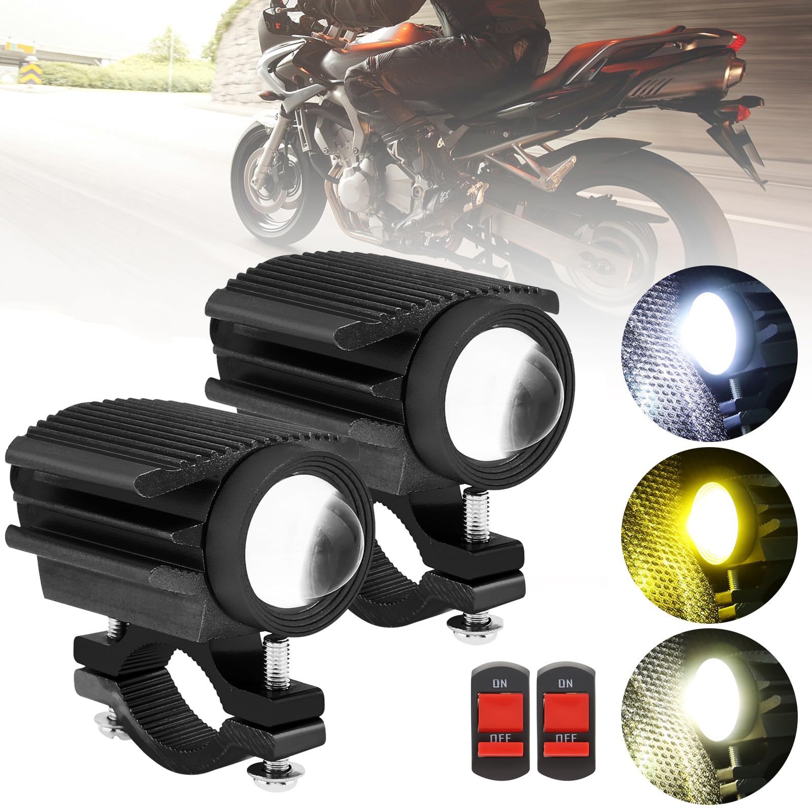 Windance 2Pcs Motorcycle Led Headlight,32W 4 Modes Hi/Lo Beam Yellow White 6500K Waterproof Aux Spotlight For Tractor Truck Atv Utv Suv Boat 9V-85V (Black2Pcs)