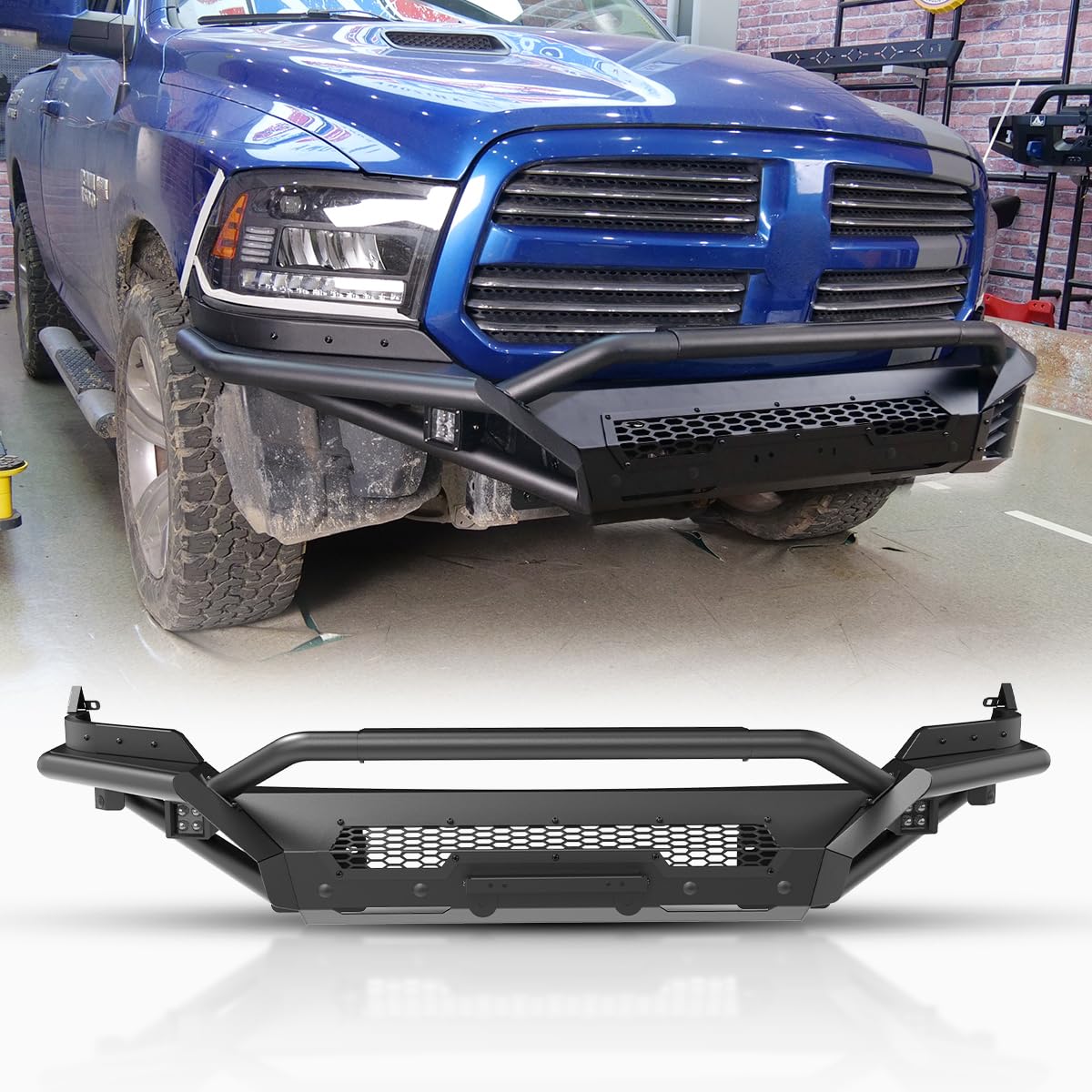 Wolfstorm Front Bumper Compatible With 2013 2014 2015 2016 2017 2018 Dodge Ram 1500 Pickup 2019 2020 2021 2022 2023 2024 Ram 1500 Classic(Excluding Warlock) Mid-Width Front Bumper+Side Wing+Bull Bar
