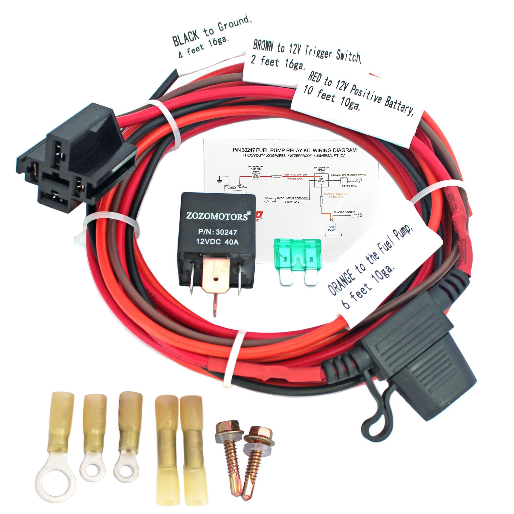 Zozomotors Electric Fuel Pump Relay Kit Fuel Pump Wiring Harness Kit Relay Bypass 40 Amp Waterproof Relay Switch Kit Heavy Duty Long Wires Universal Fit 12V System P/N 30247