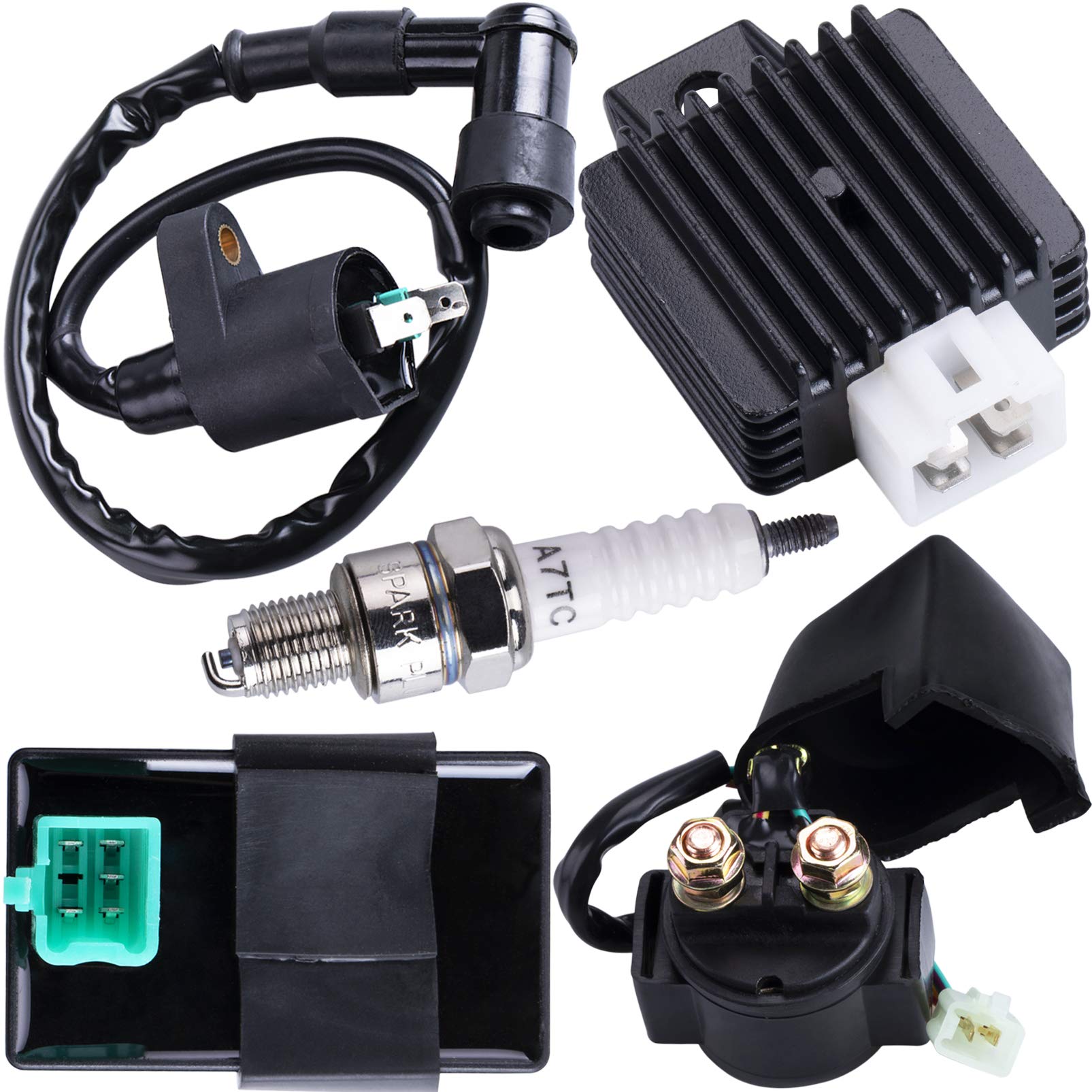 Cncmotok Ignition Coil 5-Pin Cdi Box Solenoid 4-Pin Relay Voltage Regulator Spark Plug Kit For 50Cc 70Cc 90Cc 110Cc 125Cc Atv Chinese Go Kart Dirt Bike Pit Bike Taotao Moped Scooter