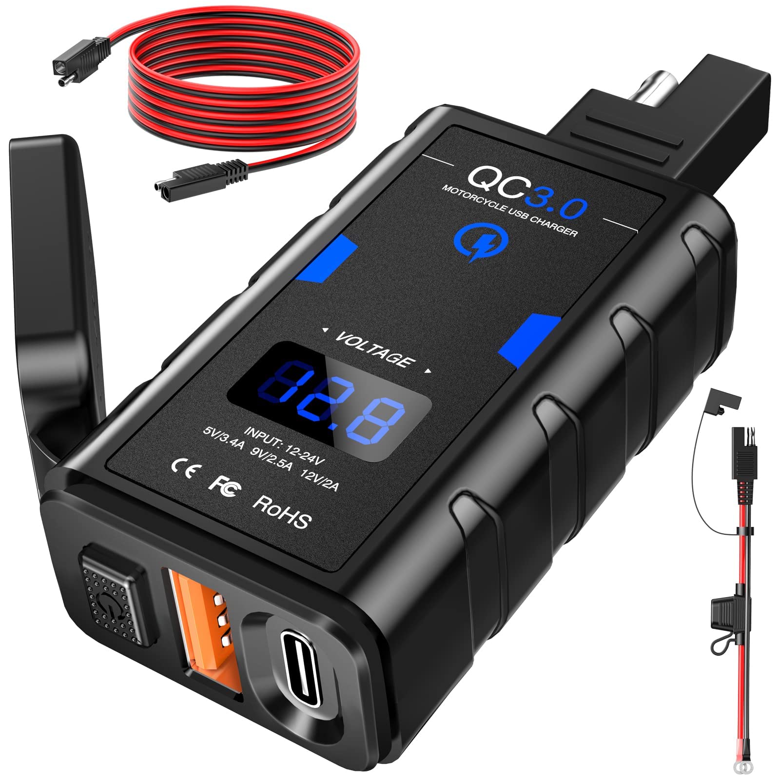 Extractme Motorcycle Usb Charger, Upgraded 6.4A Quick Charge 3.0 & Type C Pd Dual Phone Charger With Voltmeter, Waterproof Motorcycle Accessories For Phone, Tablet, Gps, Etc