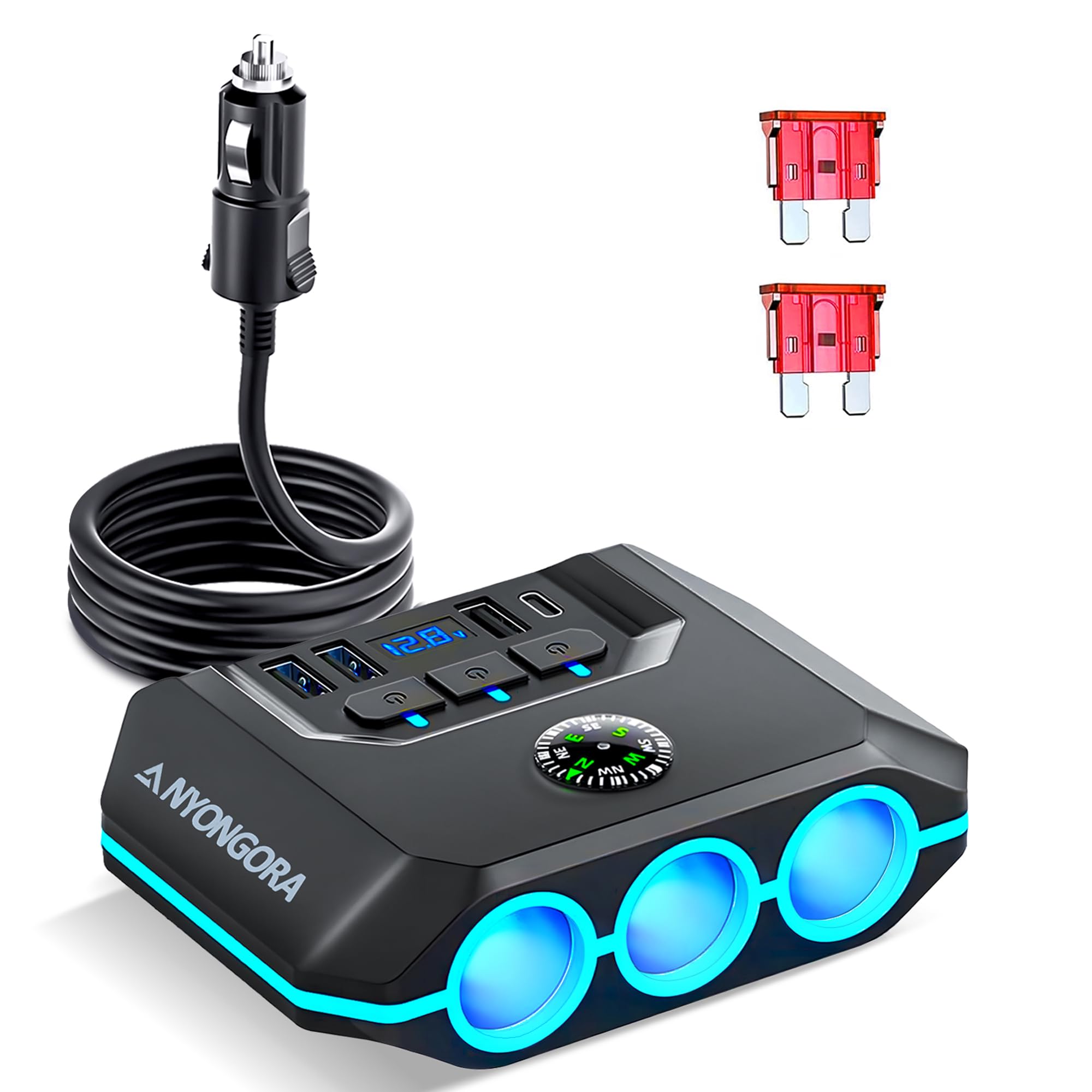 Anyongora Cigarette Lighter Splitter, 120W Car Charger Adapter With Usb & Pd, 7 In 1 Multi Port Power Plug With Independent Switches & Led Voltage Display For 12V- 24V Vehicles (3.3Ft Cable)