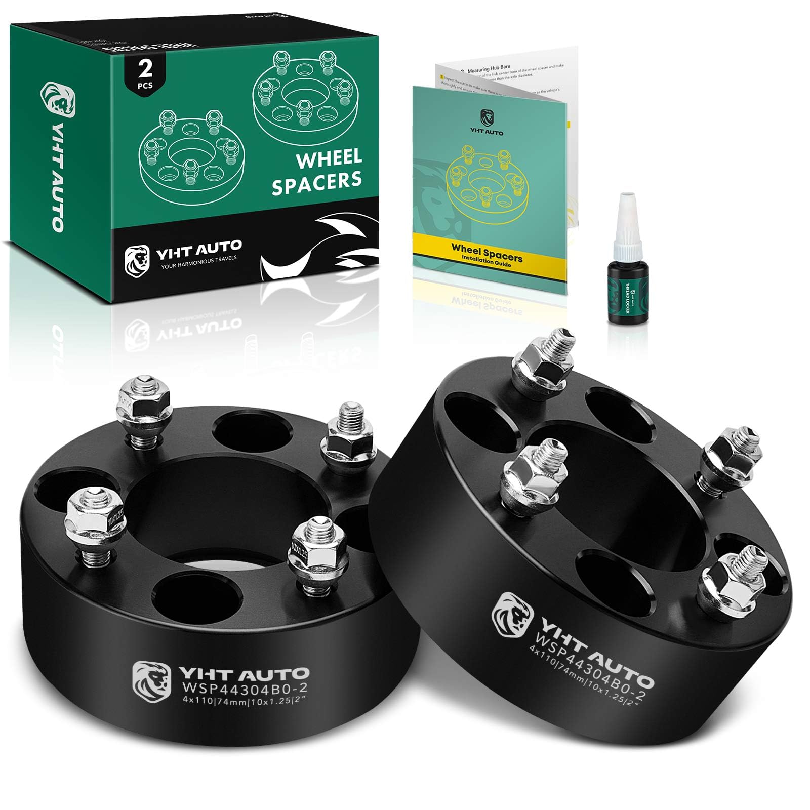 Yhtauto 4X110Mm Wheel Spacers 2 Inch Fits Honda, Suzuki, Can-Am, Bombardier, Kawasaki, Yamaha Model, Grizzly, King Quad, Foreman Tire Spacers W/ M10X1.25 Studs, 74Mm Hub Bore 4 Lug 2Pcs Black Adapters