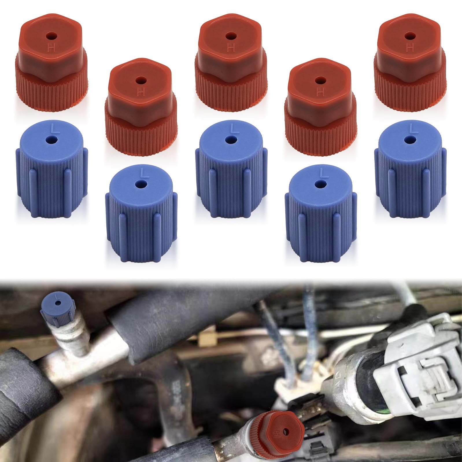 NOTISH 10Pcs R134a A/C Service Caps - 5 Blue Low Side & 5 Red High Side, 13mm & 16mm Charging Port Caps for Air Conditioning System