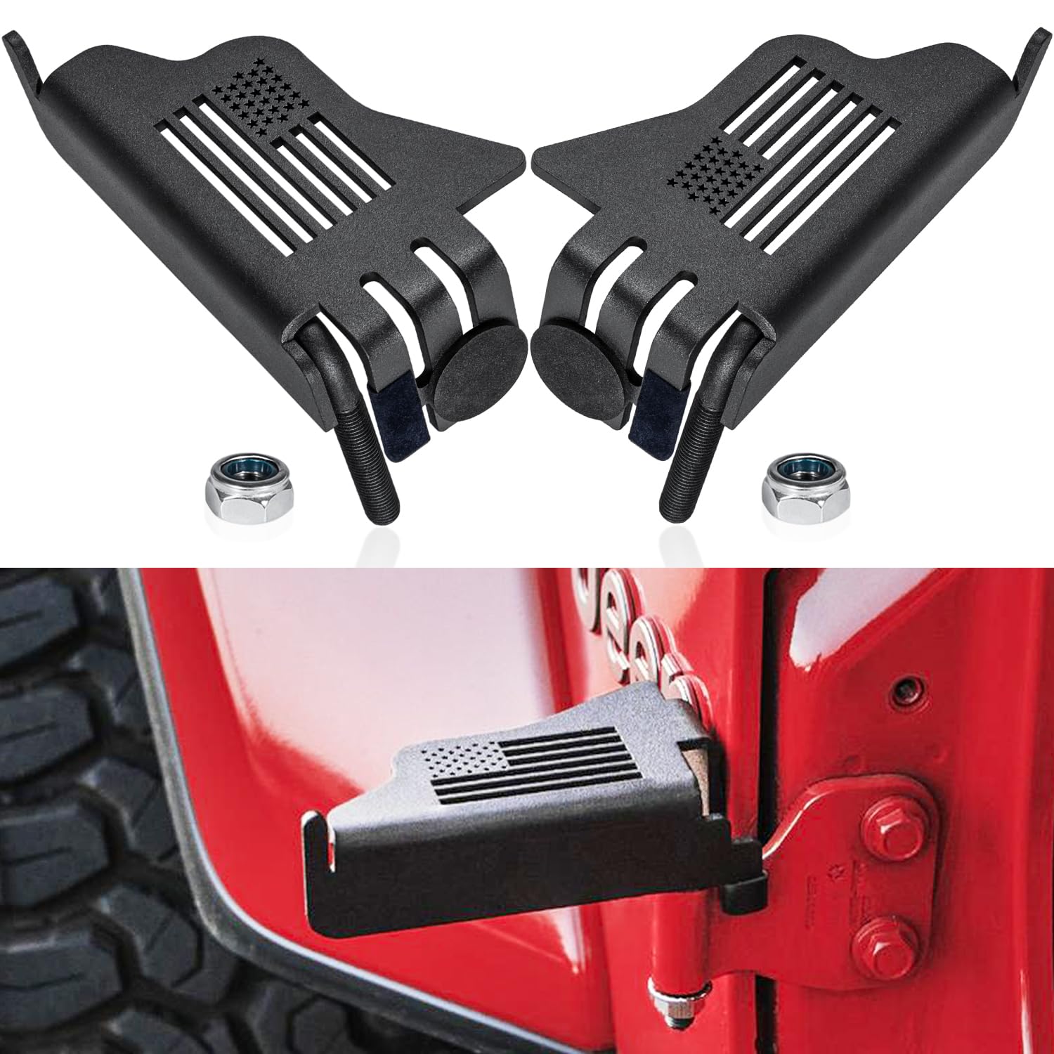 Front Foot Pegs For Jeep Wrangler 2007-2024 Jk Jl Gladiator Jt Exterior Door Hinge Rest Pedals Foot Rest Kick Panels Accessories With Us Flag Metal Black Powder Coating (2 Pack)