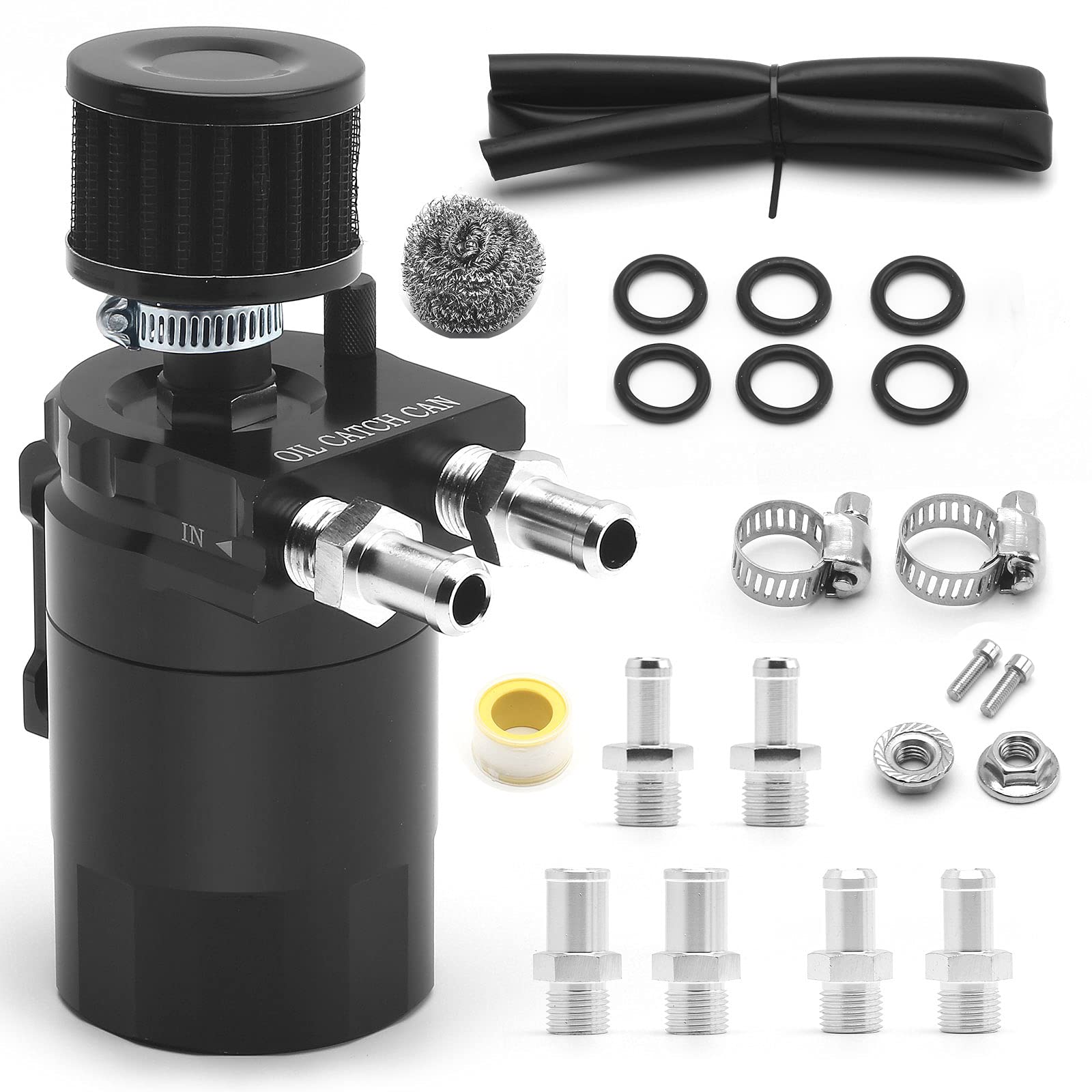 Muge Racing 400Ml Oil Catch Can Kit Universal For Cars/Trucks, Baffled Aluminum Reservoir With Breather Filter & Accessories, 3/8' Fuel Line Included, Fits 5.7 Hemi/5.3 Silverado And More, Black