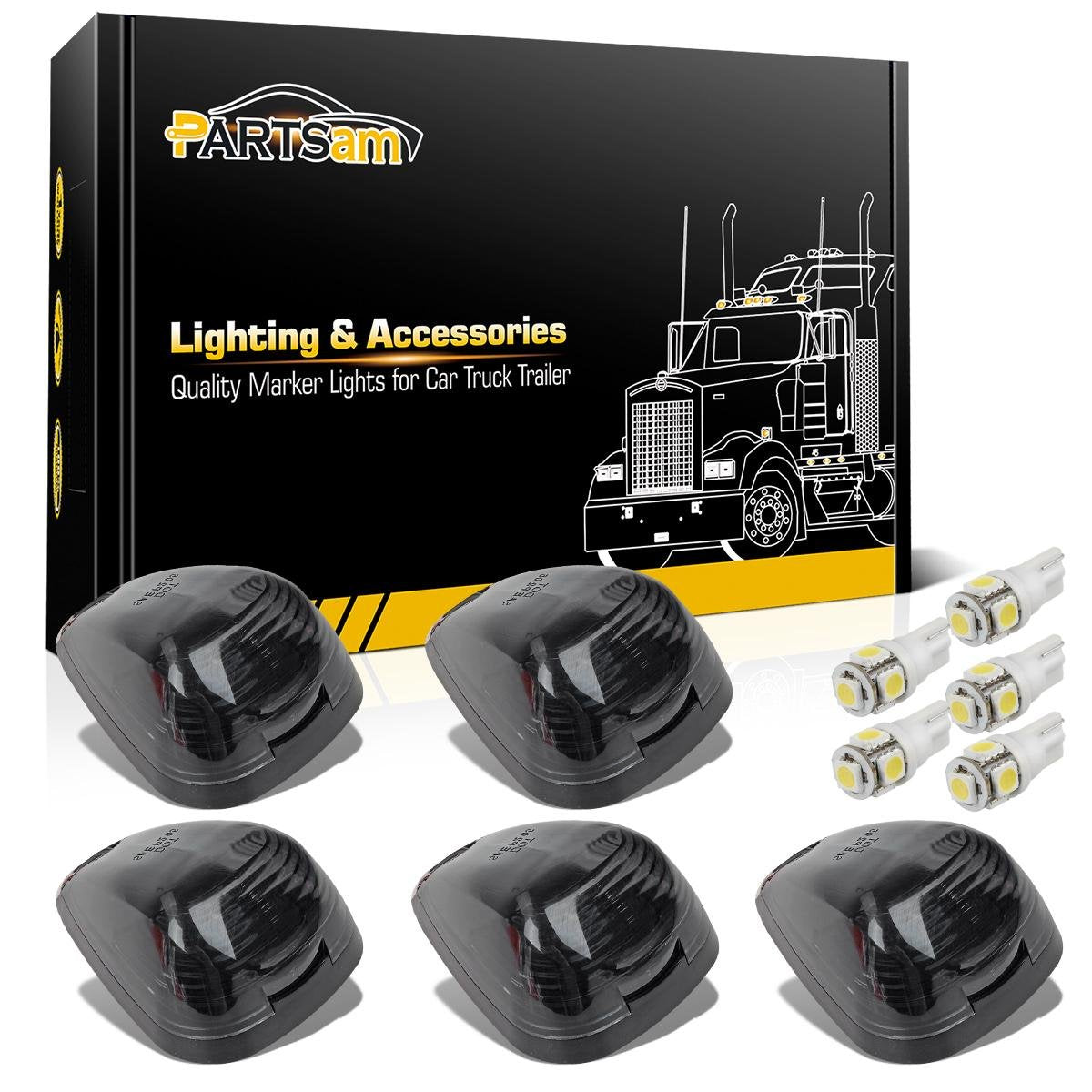 Partsam 5X Black Smoke Lens Cab Roof Marker Running Lamps W/White Led Lights Compatible With Ford F150 F250 F350 F450 F550 F650 F750 E150 E250 E350 E450 1999-2016 Super Duty Pickup Trucks