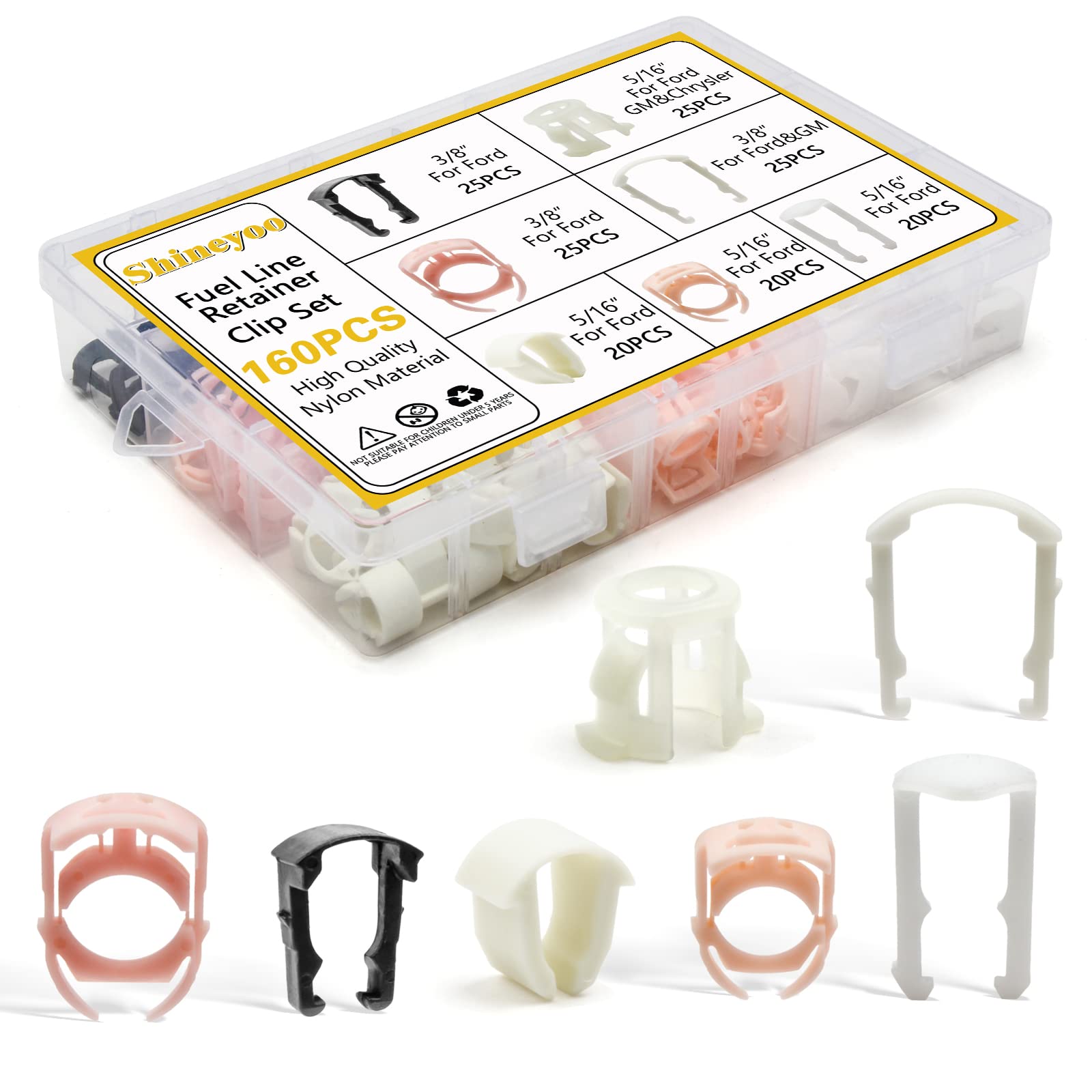 Shineyoo Fuel Line Retainer Clips 160Pcs, 3/8 & 5/16 Fuel Line Retaining Clip Assortment Kit For Ford Gm