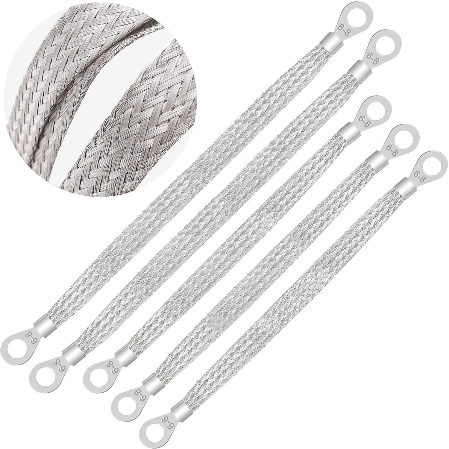 Taiss 5Pcs Ground Strap 3Pcs 10' X 1/2' & 2Pcs 13' X 1/2' Tinned Copper Professional Vehicle Grounding Cable Straps With Terminal Plugs,Universal Automotive Engine Flat Braided Copper Ground Strap