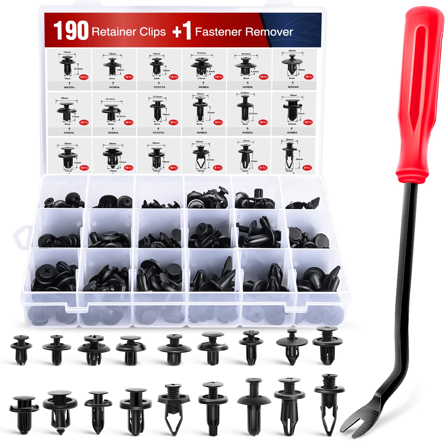 Nilight 190 Pcs Car Retainer Clips Fastener Remover 18 Most Popular Sizes Applications Auto Push Pin Rivets Set -Door Trim Panel Clips For Toyota Honda Nissan Mazda,2 Years Warranty