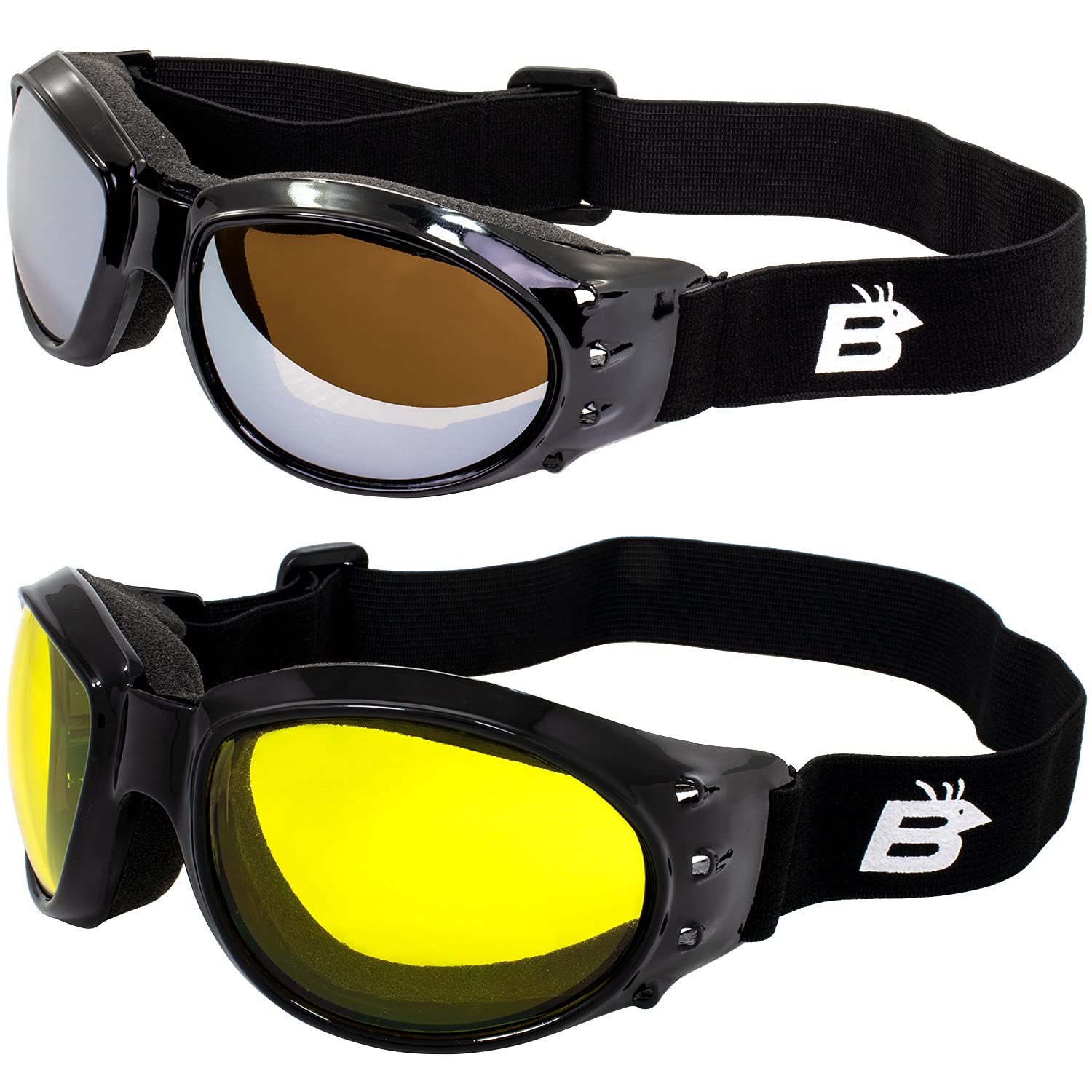 Birdz Eagle Red Baron Style Motorcycle Padded Airsoft Goggles Yellow & Driving Mirror Lens For Day & Night Riding Comfort Perfect Googles For Any Weather Condition