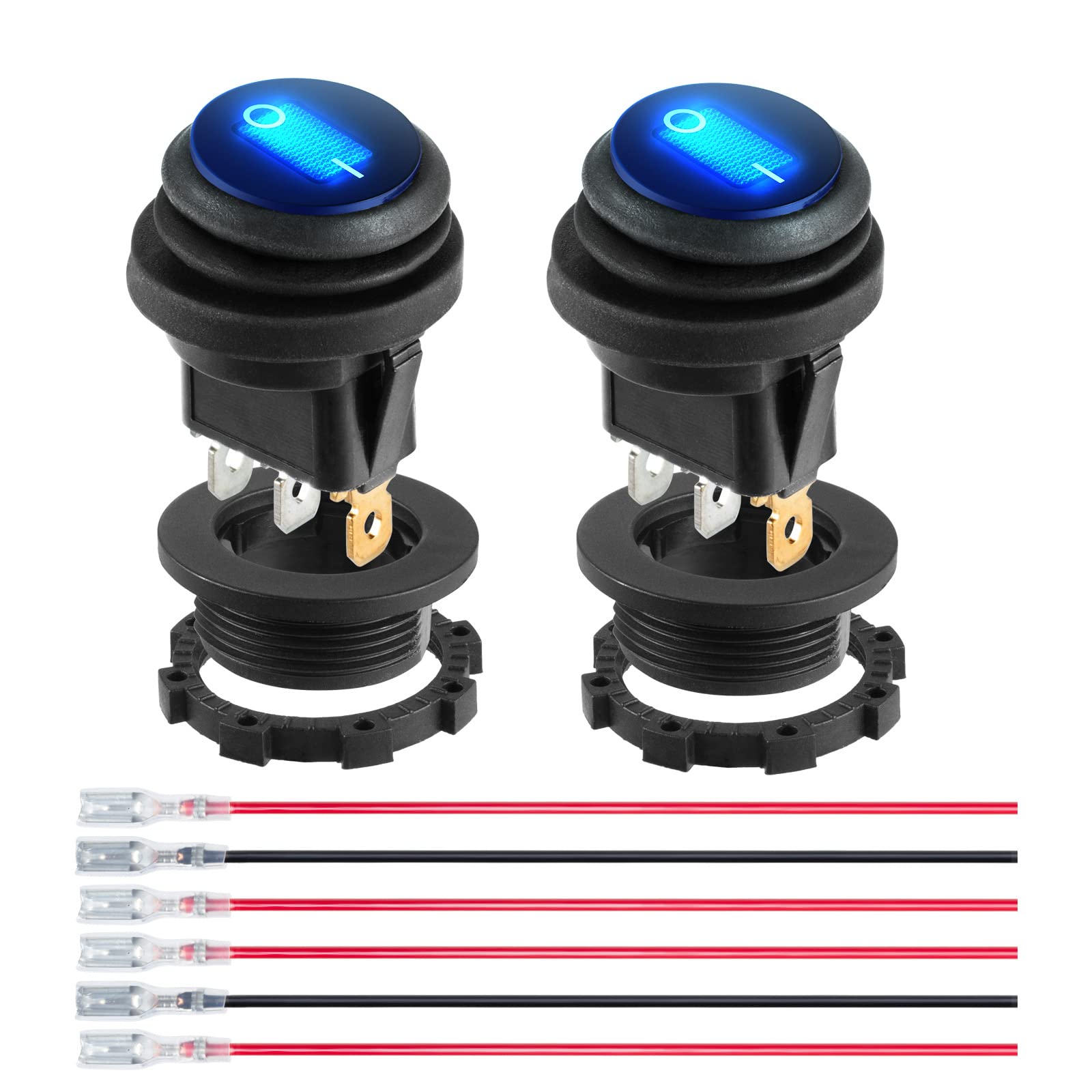12 Volt Toggle Switch Waterproof 2 Pcs, Blue Led Lighted Round Rocker Switch Panel With 6 Hot-Melt Terminals And 20Cm Detachable Wires, Spst 3 Pin Marine On Off Switch For Car Boat Rv Truck 12V/20A