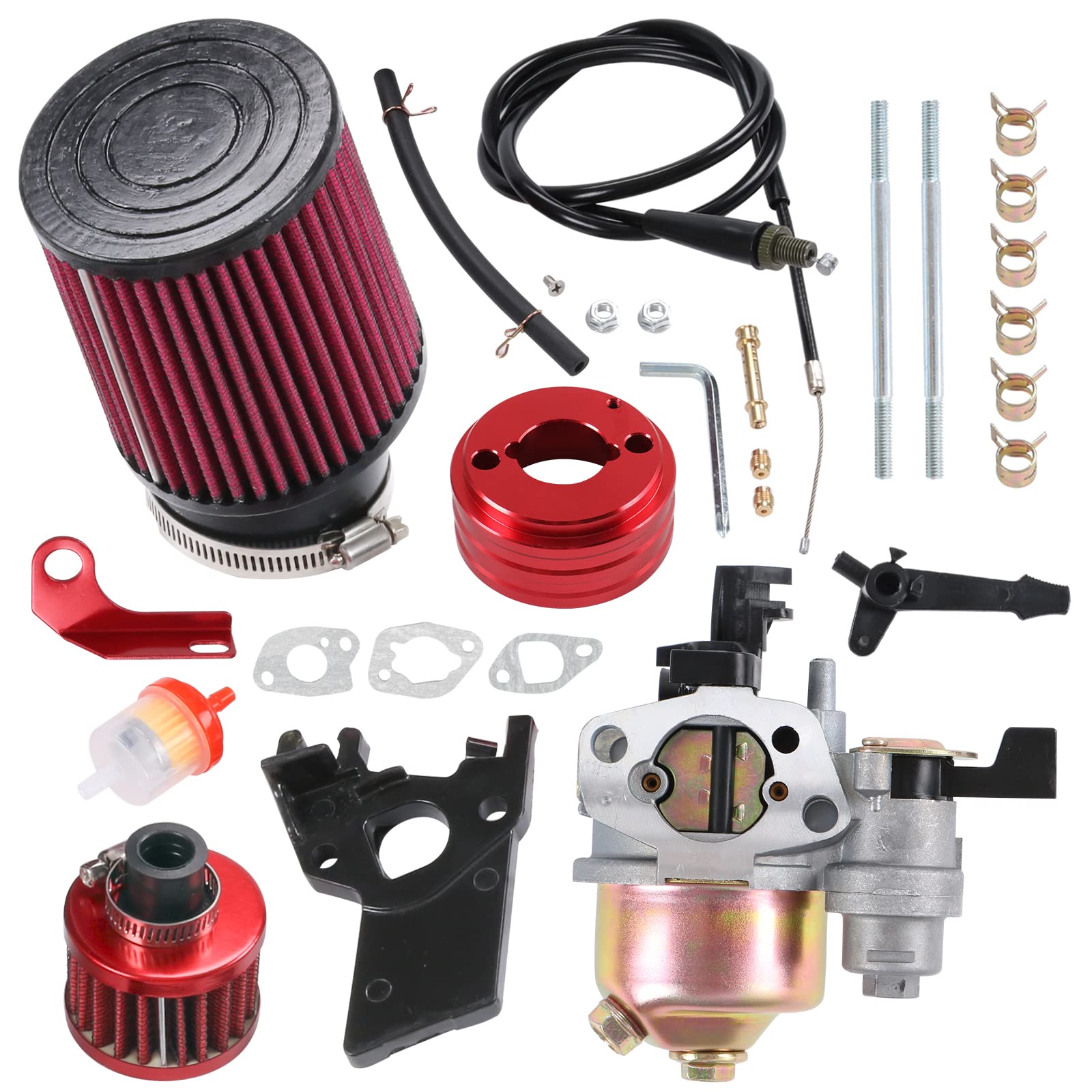 Carburetor Carb Air Filter Adapter Fuel Filter Jet Kit Replacement For Predator 212Cc 196Cc 6.5Hp Engine Coleman Ct200U Bt200X Ct200U-Ex Gx160 Mini Bike Go Kart Racing Red
