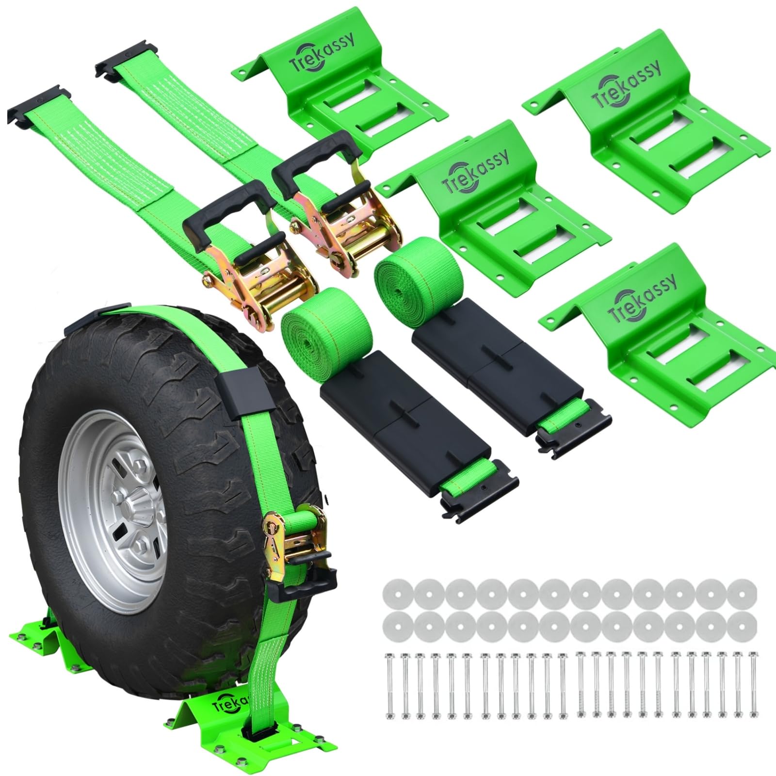 Trekassy Wheel Chock Tie-Down Kit With Rubber Blocks, (4,400Lb Break Strength) Heavy Duty E Track Trailer Tire Straps For Atv, Utv, Lawn Mower- 2 Pack