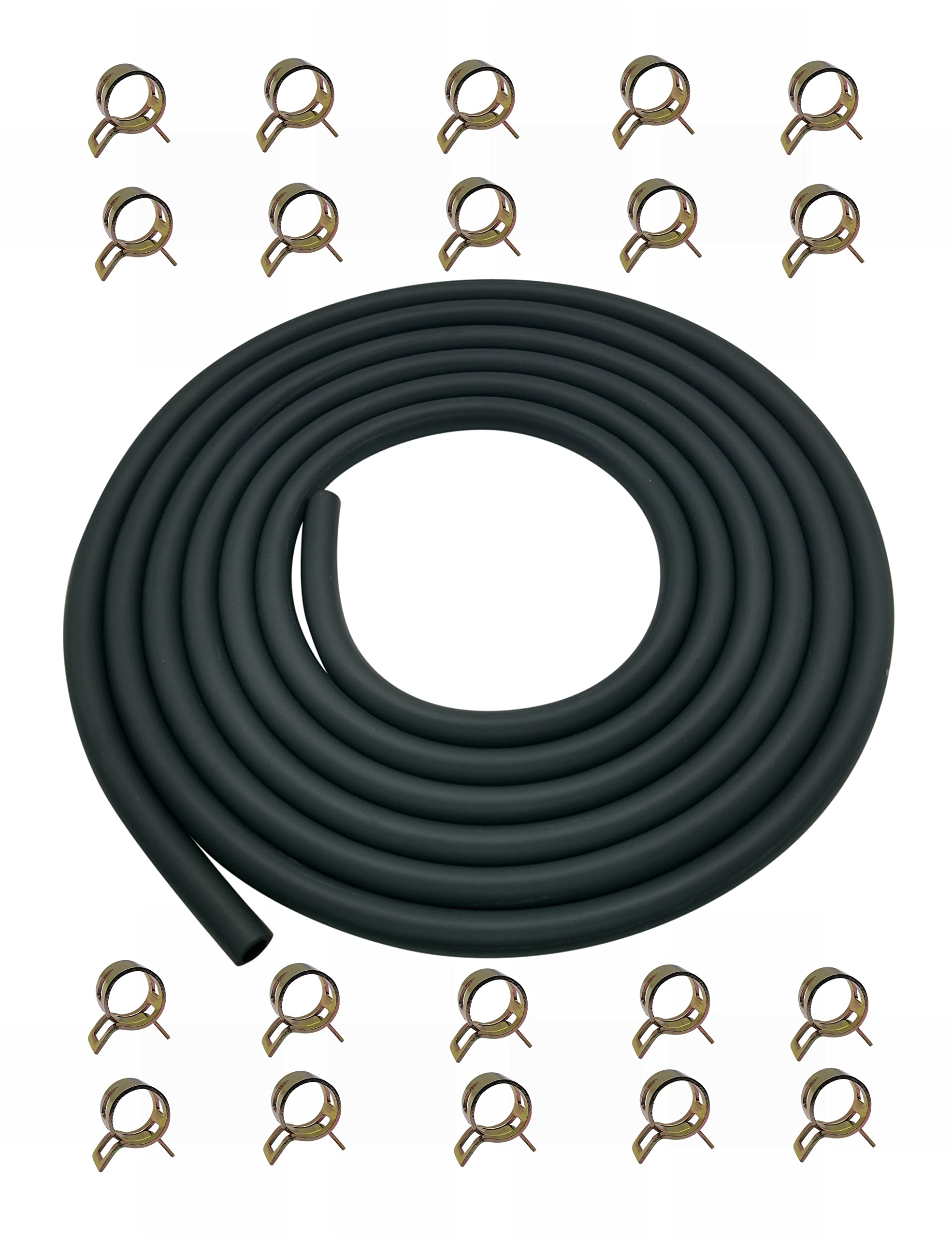 YAMAKATO 10FT 1/4 ID Fuel Line Hose - Black Rubber for Kawasaki, Kohler, Briggs & Stratton Gas/Diesel Engines & Generators w/ 20 Cl