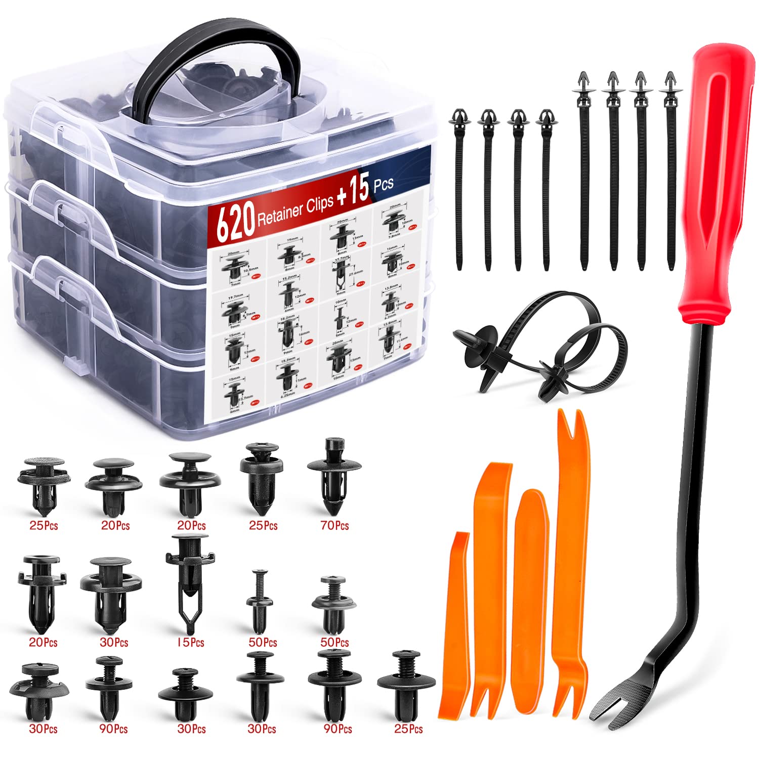 Nilight - Cl-86 635Pcs Car Push Retainer Clips-16 Most Popular Sizes Nylon Bumper Fender Rivets Kit With 10 Cable Ties And Fasteners Remover For Toyota Gm Ford Honda Acura Chrysler