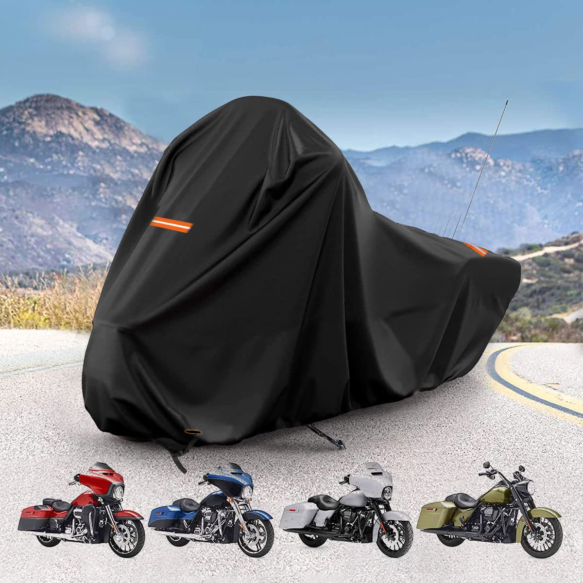 300D Motorcycle Cover For Touring Models Road King Street Glide Road Glide Outdoor Bike Cover Windproof Heavy Duty Waterproof Protection Fits Up To 118” Motorcycles