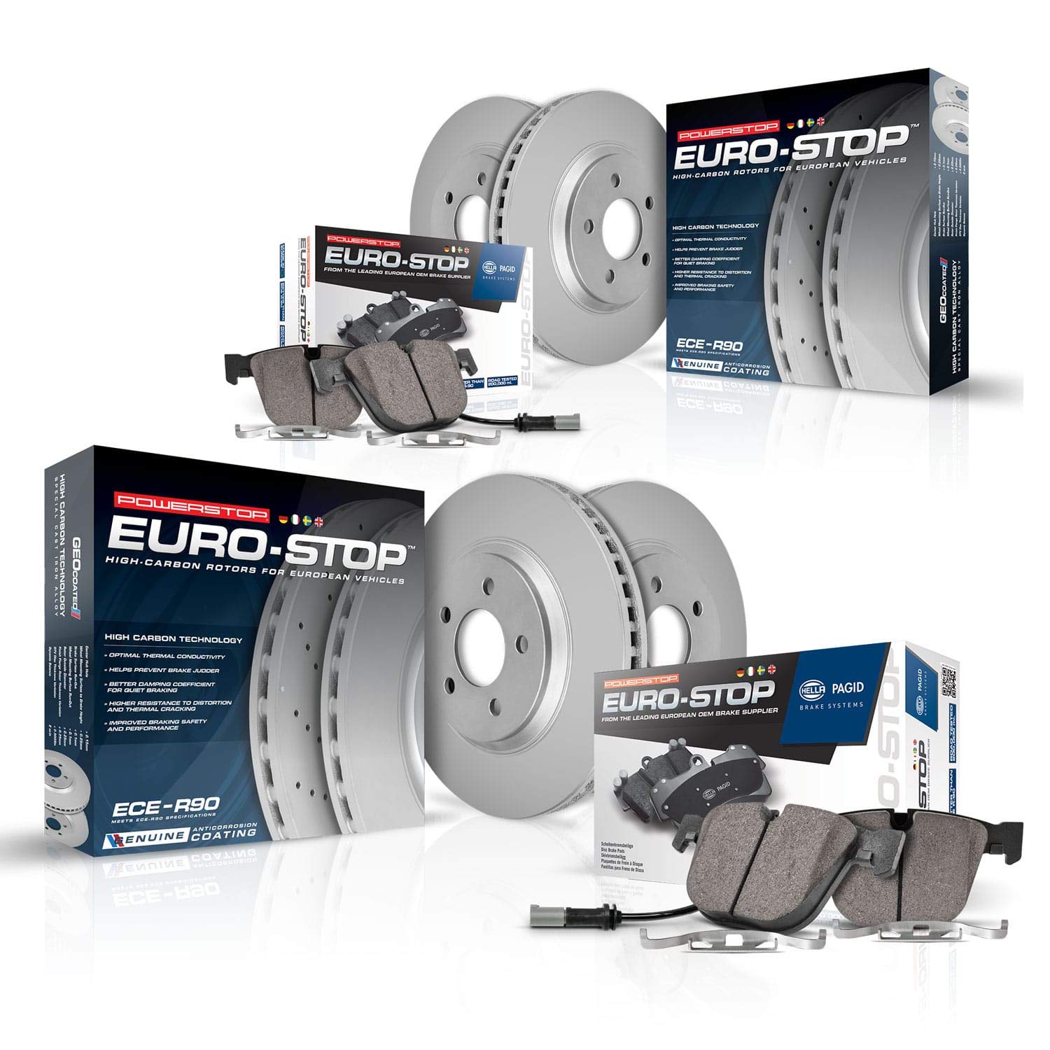 Power Stop Esk7996 Euro-Stop Front And Rear Brake Kit- Coated Brake Rotors & Ceramic Brake Pads And 1 Front & 1 Rear Sensor Wires