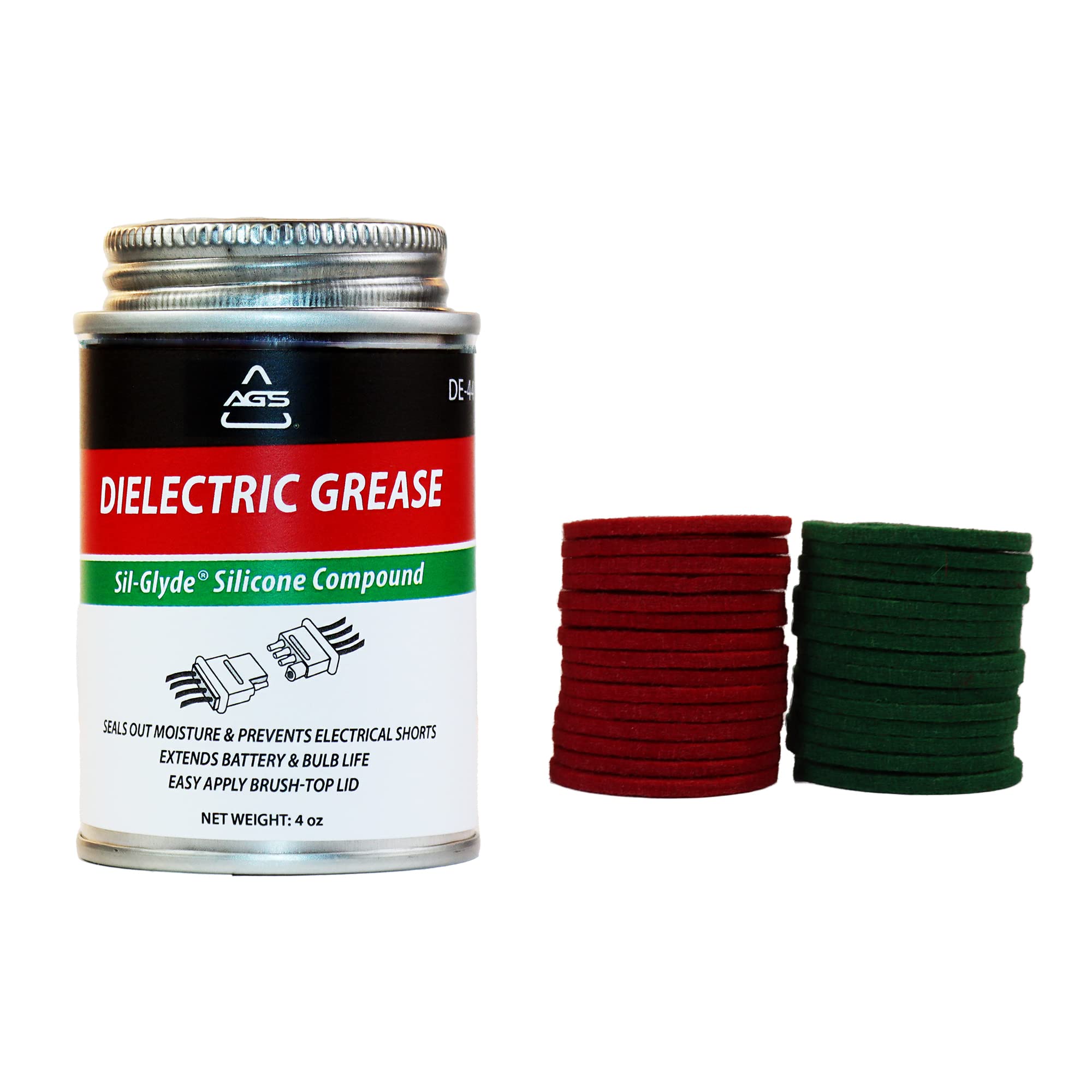 Ags Company Dielectric Silicone Grease Compound - 4Oz Brush Top Can With 30 Battery Terminal Washers, Automotive Battery Kit, 10 Red & 10 Green Felt Washers And Battery Protectant Grease