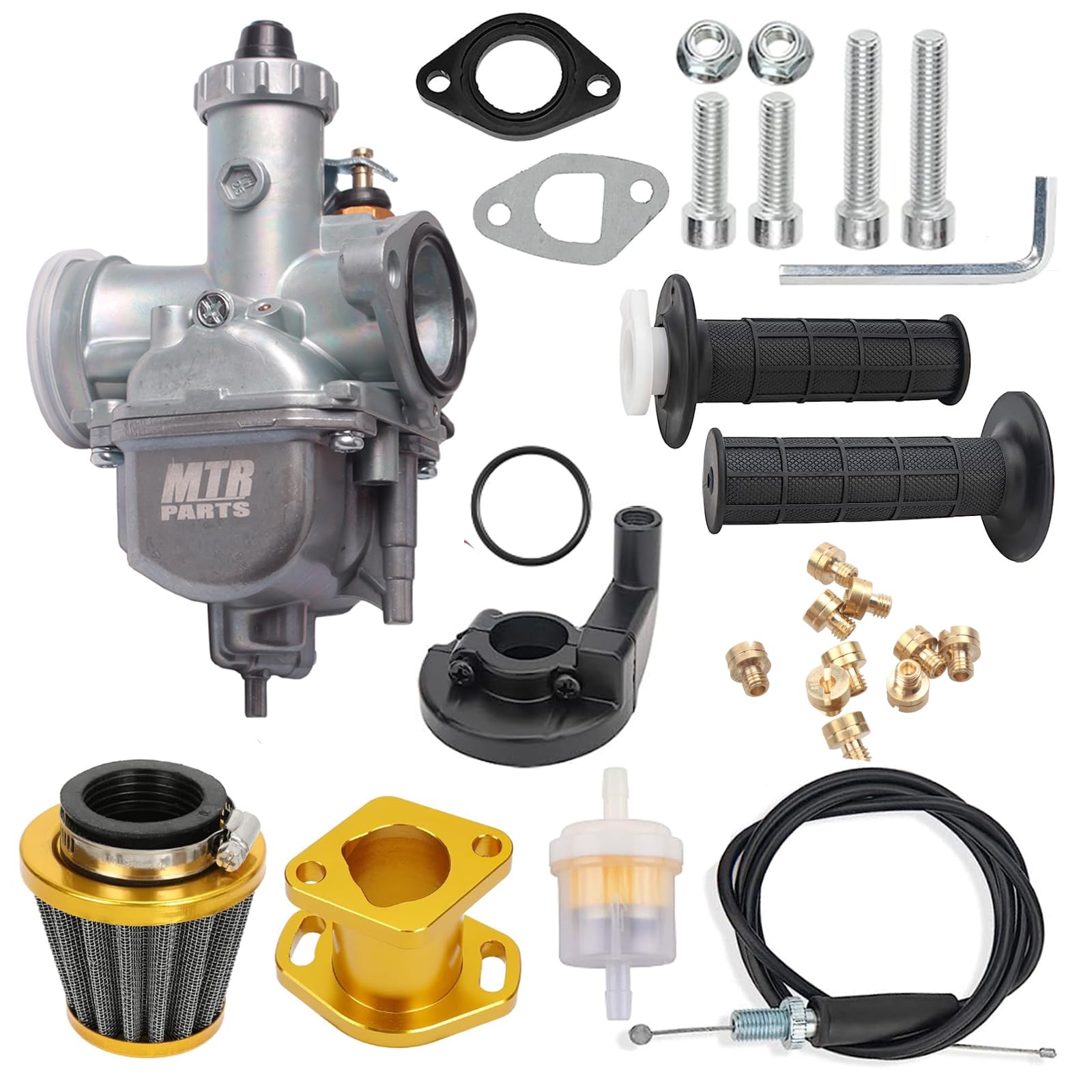 Vm22 Carburetor Predator 212Cc 196Cc Ct200U Kt196 Moto Mini Bike Race And Go Kart 6.5Hp Baja Warrior Heat - Includes Mb165 Mb200 Air Filter Kit & Cable Accelerator Throttle Control Handle (Yellow)