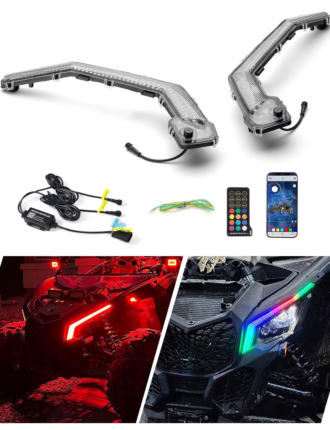 Chelhead X3 Led Fang Lights, Rgb App Remote Controlled, Turning Light Chasing Color Front Signature Light Assembly Compatible With Can Am Maverick X3 Xds Xrs Max Turbo R