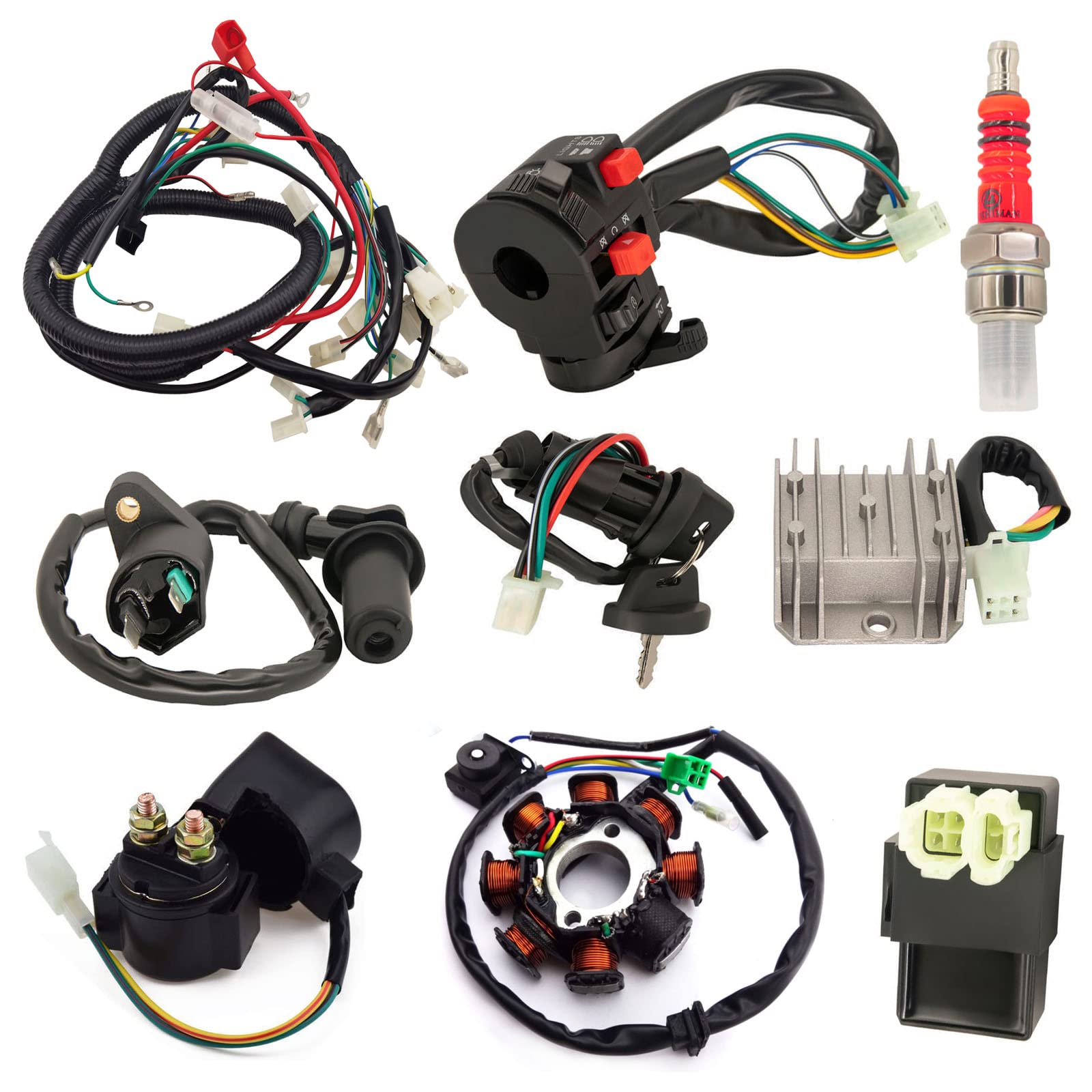 LOYPP Complete Electric Wiring Harness Kit for GY6 150cc/125cc ATV, Scooter, Moped - CDI, Stator, Regulator, Ignition Switch, Relay, Black/Red