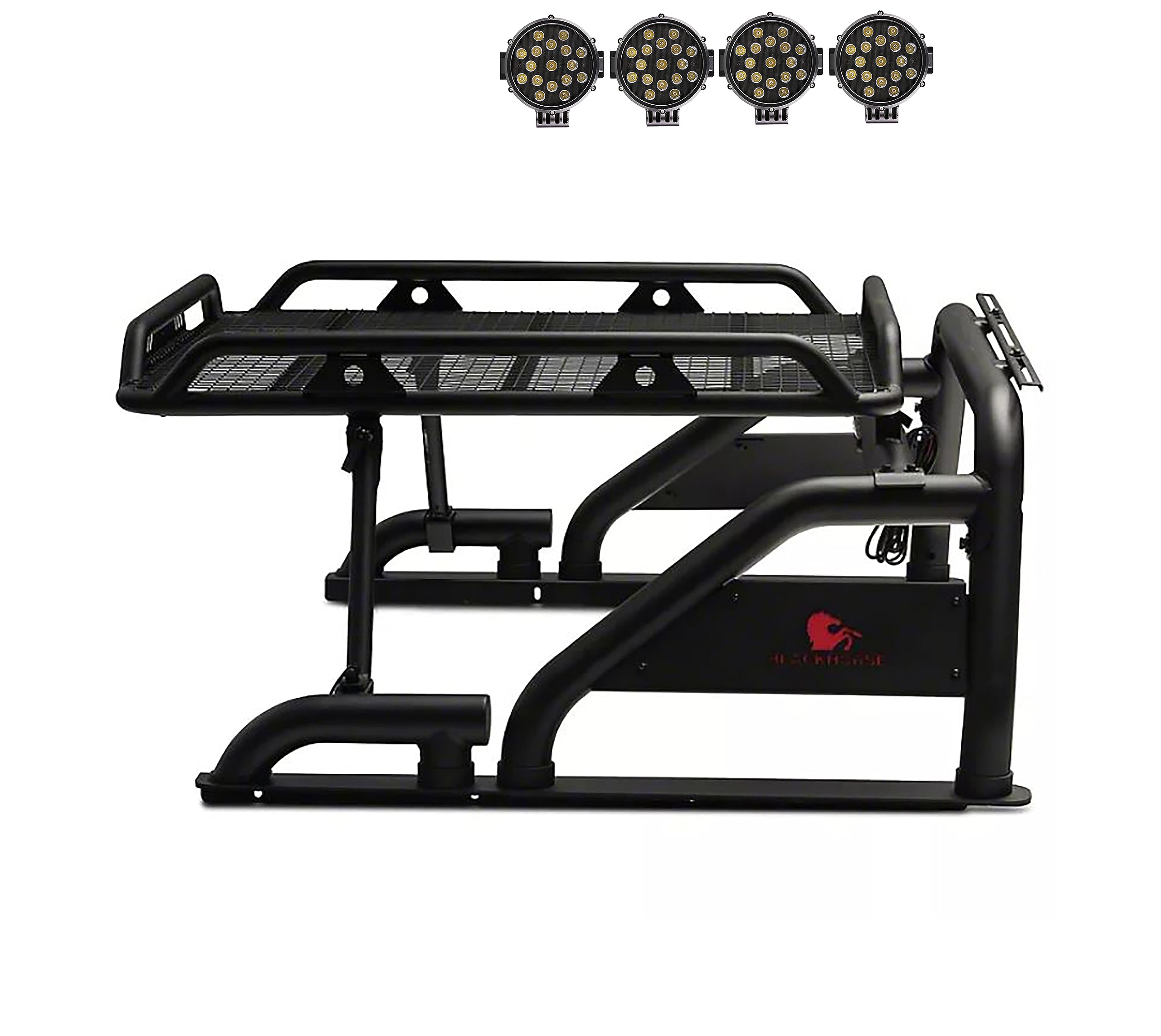 Black Horse Warrior Roll Bar Incl. Pair Of 7.0' Dia.Led Lights W/Black Trim Rings Compatible With 1/2 Ton Trucks (Gm Silverado 14+/Ford F150 15+/Dodge Ram 15+) With Full Size Cargo Basket