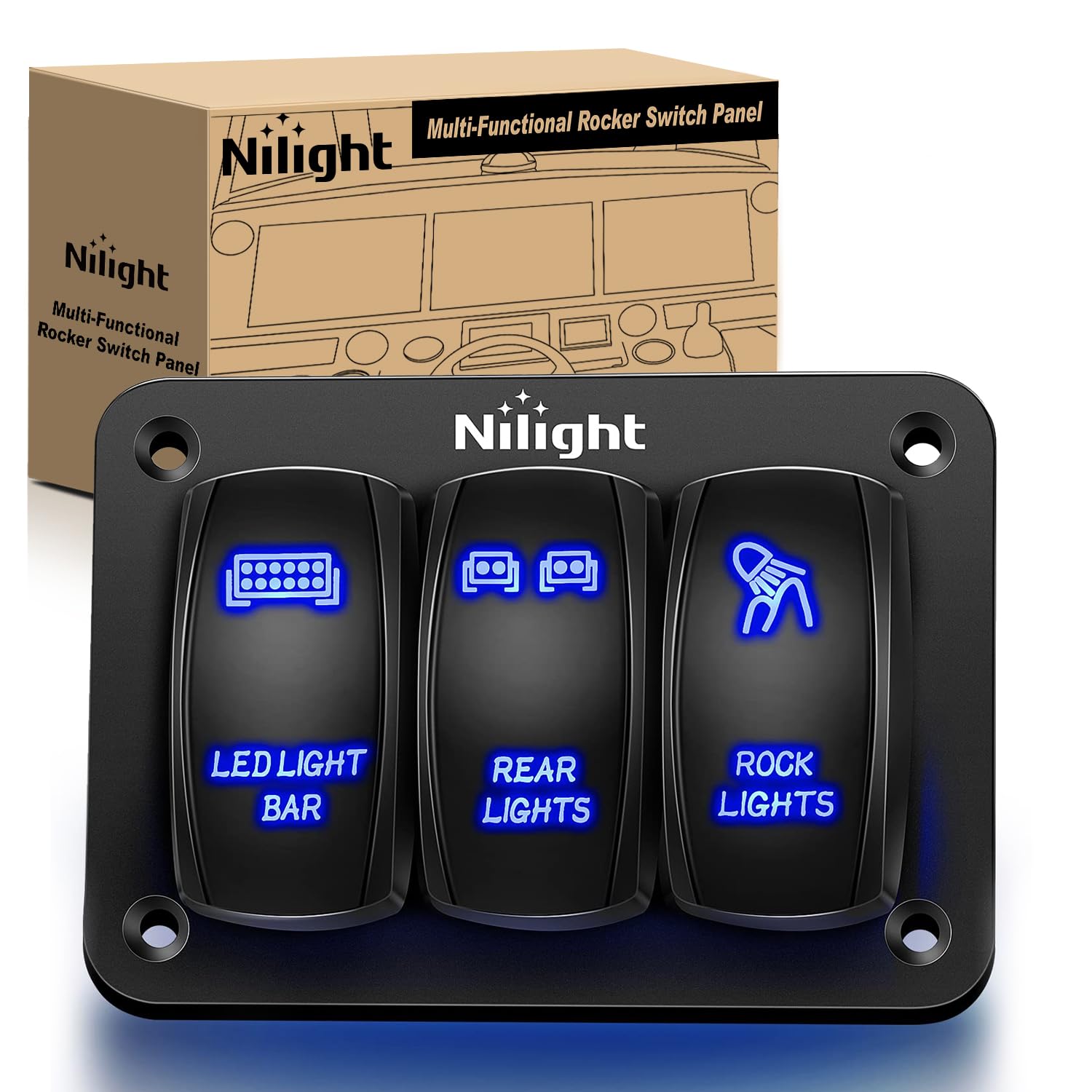 Nilight - 90105C 3 Gang Aluminum Rocker Switch Panel 5 Pin On/Off Pre-Wired Toggle Switch Panel With Rocker Switch Holder 12/24V For Marine Boat Car Atv Utv, 2 Years Warranty,Blue