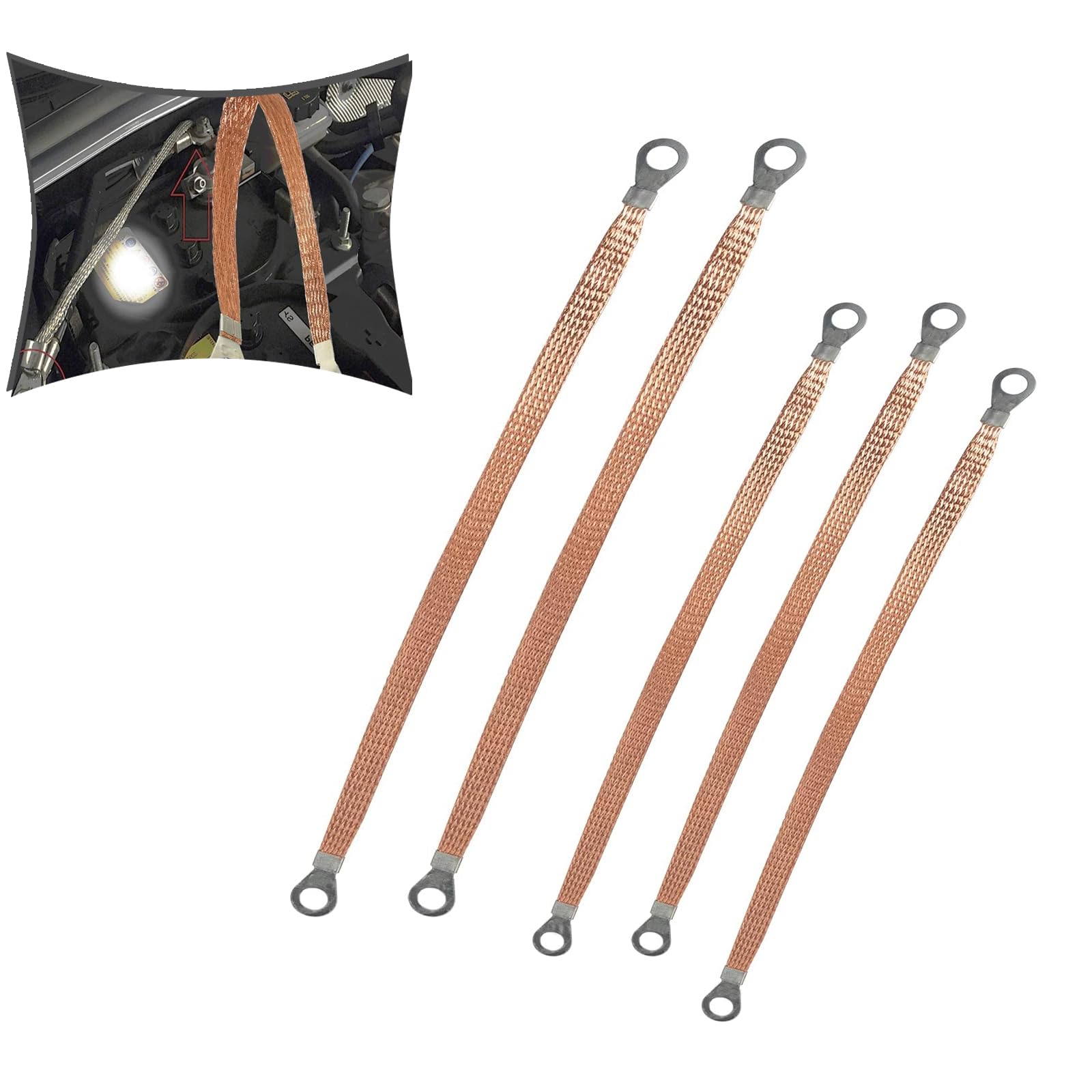 Gkmow 5 Pcs Automotive Engine Grounding Strap, Flexible Tensile-Resistant Copper Braided Distribution Box Bridge Jumper, Car Multi-Purpose Heavy-Duty Accessories, Suitable For Most Models (Gold)