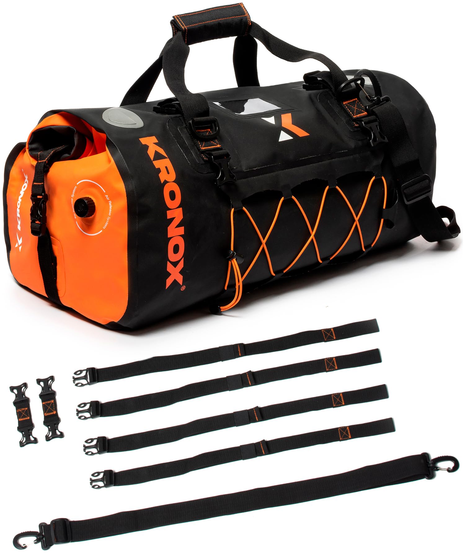 Kronox Waterproof Duffle Bag For Motorcycle Back Seat - Black & Orange, Vinyl, Hook And Loop Closure, 40-60 Liters Capacity, Ultimate Gear For Riders