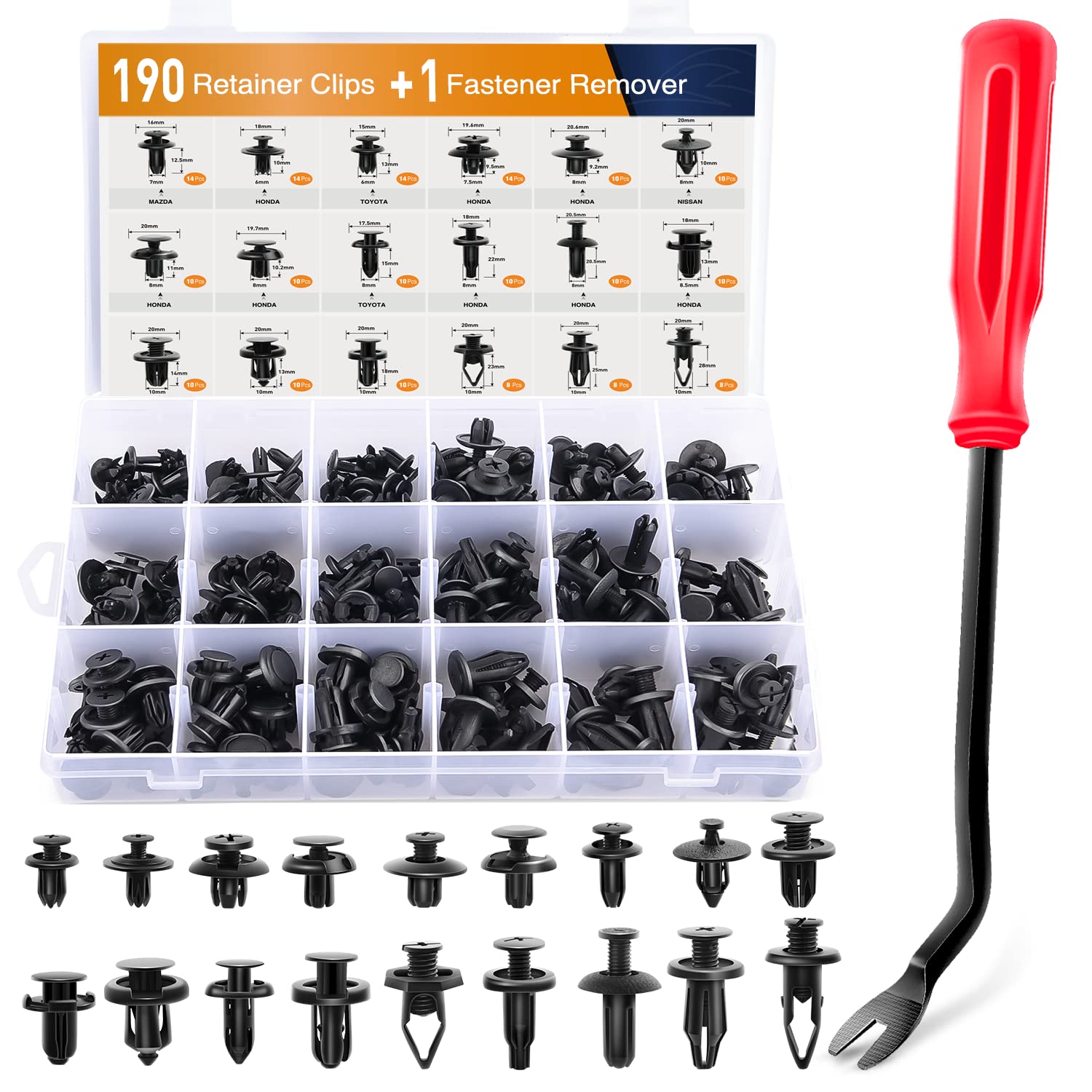 Gooacc 190 Pcs Car Retainer Clips & Fastener Remover - 18 Most Popular Sizes & Applications Auto Push Pin Rivets Set -Door Trim Panel Clips For Toyota, Honda, Nissan, Mazda - Bonus Fastener Remover
