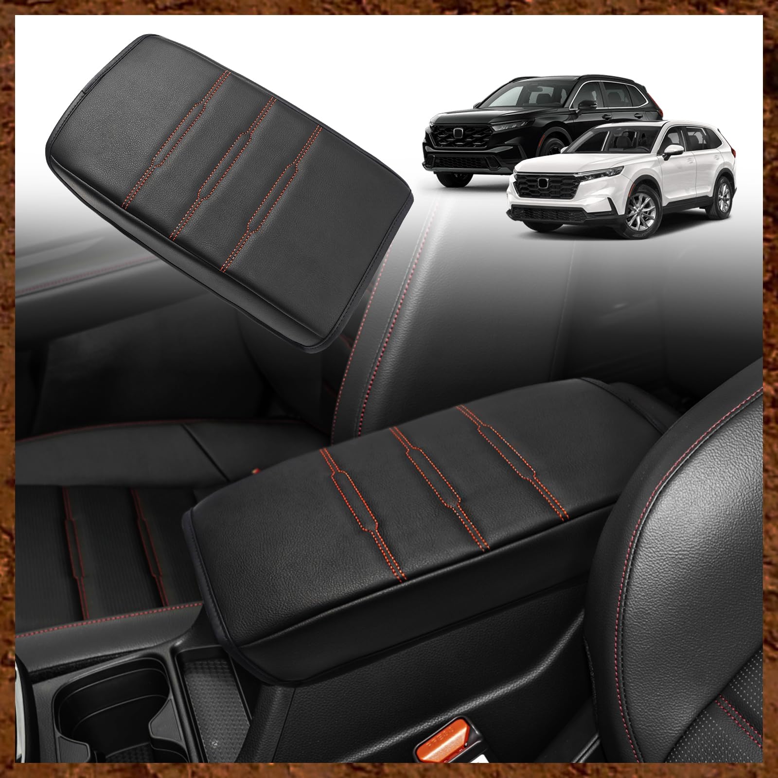 Muslogy Center Console Cover Compatible With 2023 2024 2025 Honda Cr-V Accessories Crv Hybrid Lx Ex Ex-L Sport Touring Armrest Cover Lid Cushion Protector Vegan Leather Extra Soft(Black/Orange Trim)