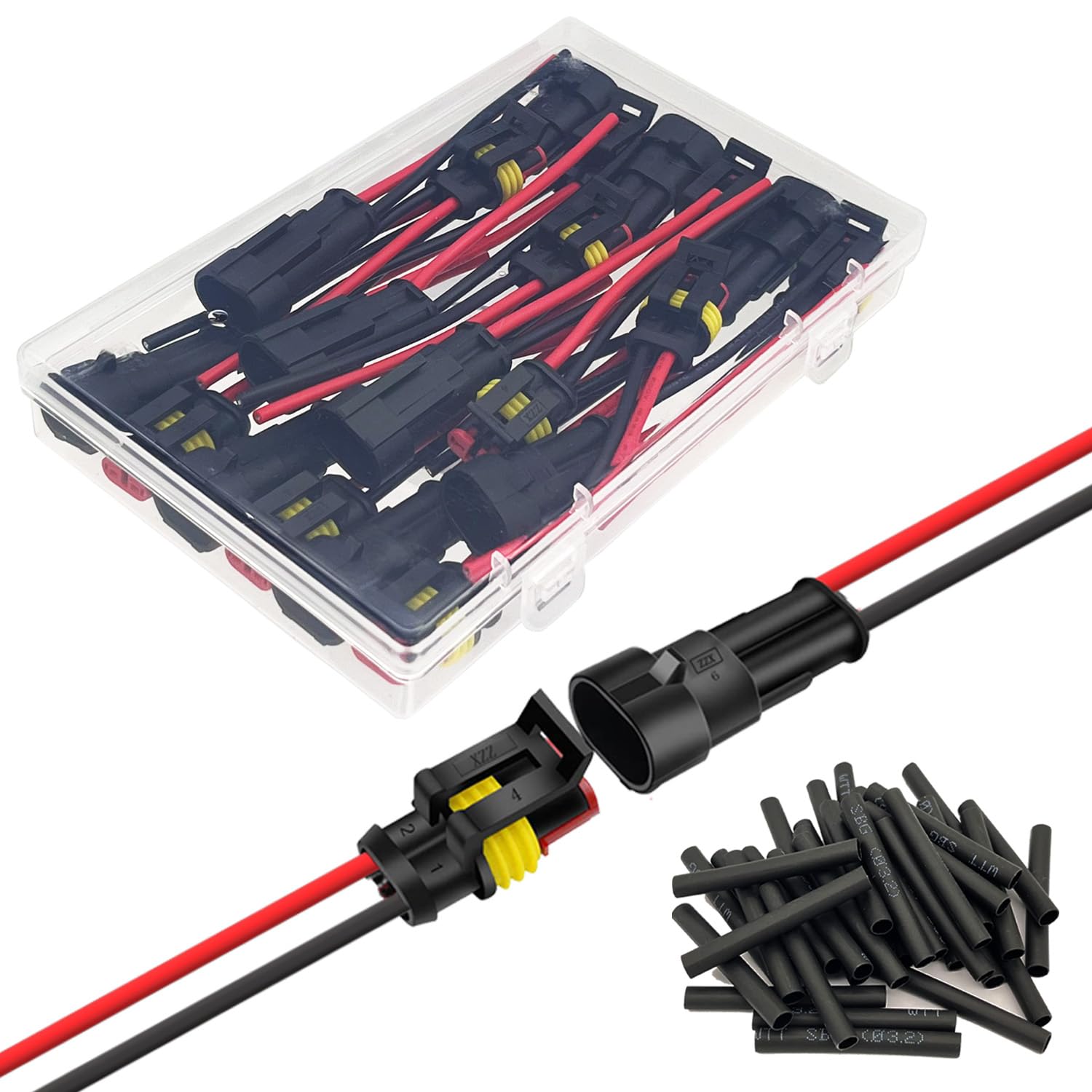 Twippo 10 Kit 16 Awg 2 Pin Connector Car Waterproof Wire Connectors 2 Pin Automotive Electrical Connectors Quick Disconnect 2 Way Wire Terminal Connector Plug And Heat Shrink Tubing Kit
