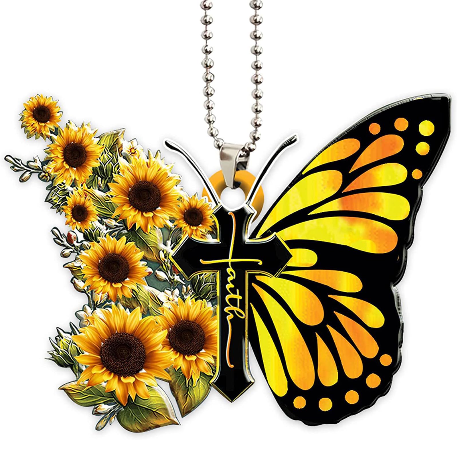 Car Rear View Mirror Accessories Sunflower Butterfly Jesus Cross Christian Hanging Ornament 2D Flat Religious Christian Home Car Gifts Decoration Charm Interior Rearview For Men Women
