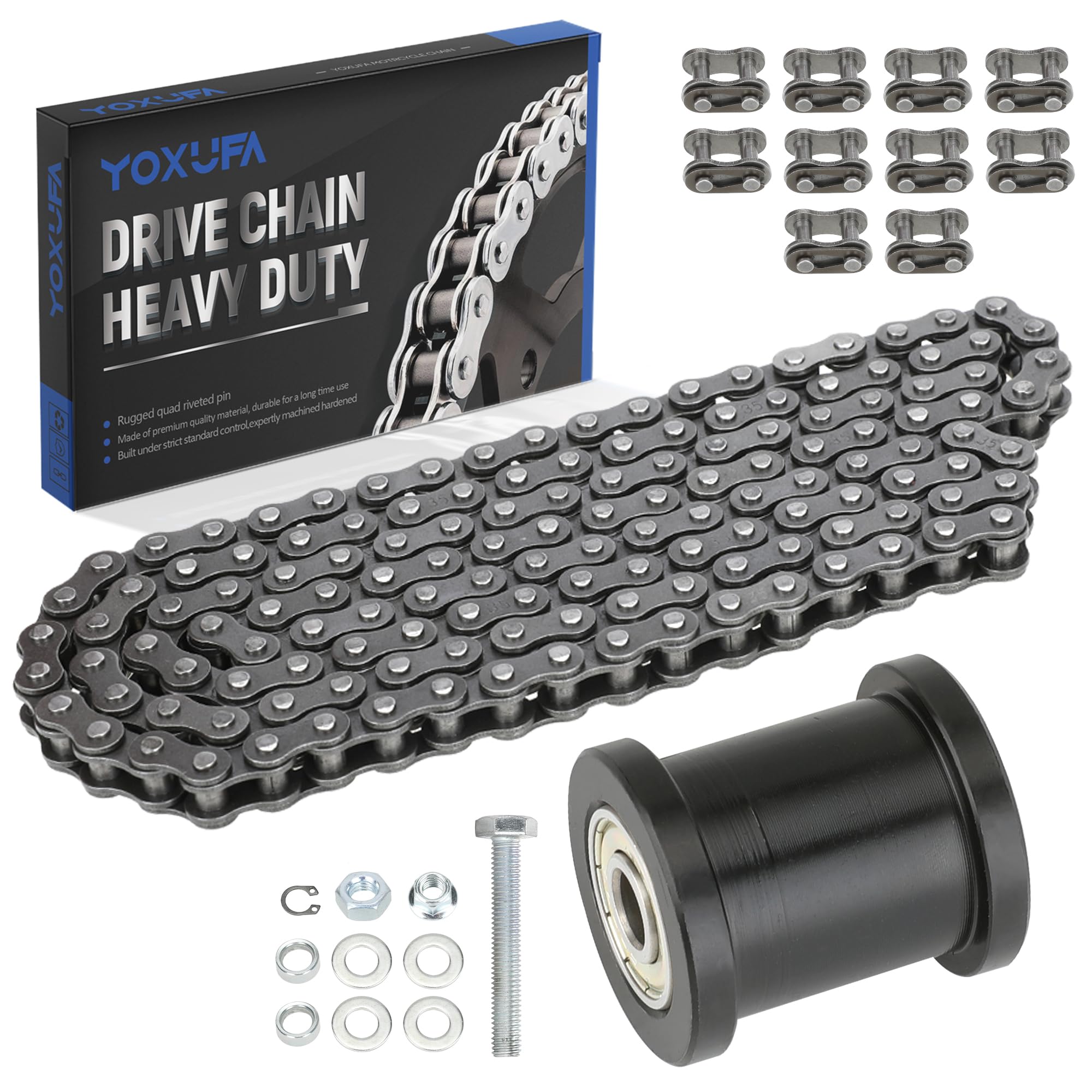 Yoxufa #35 Roller Chain 140 Links +Mini Bike Chain Tensioner For Coleman Ct100U Cc100X Baja Doodle Bug Db30 Predator 212Cc 79Cc 100Cc Motovox Mbx10 Mbx11 Mega Moto Mm-B80 105Cc Mini Bike Go Kart Parts