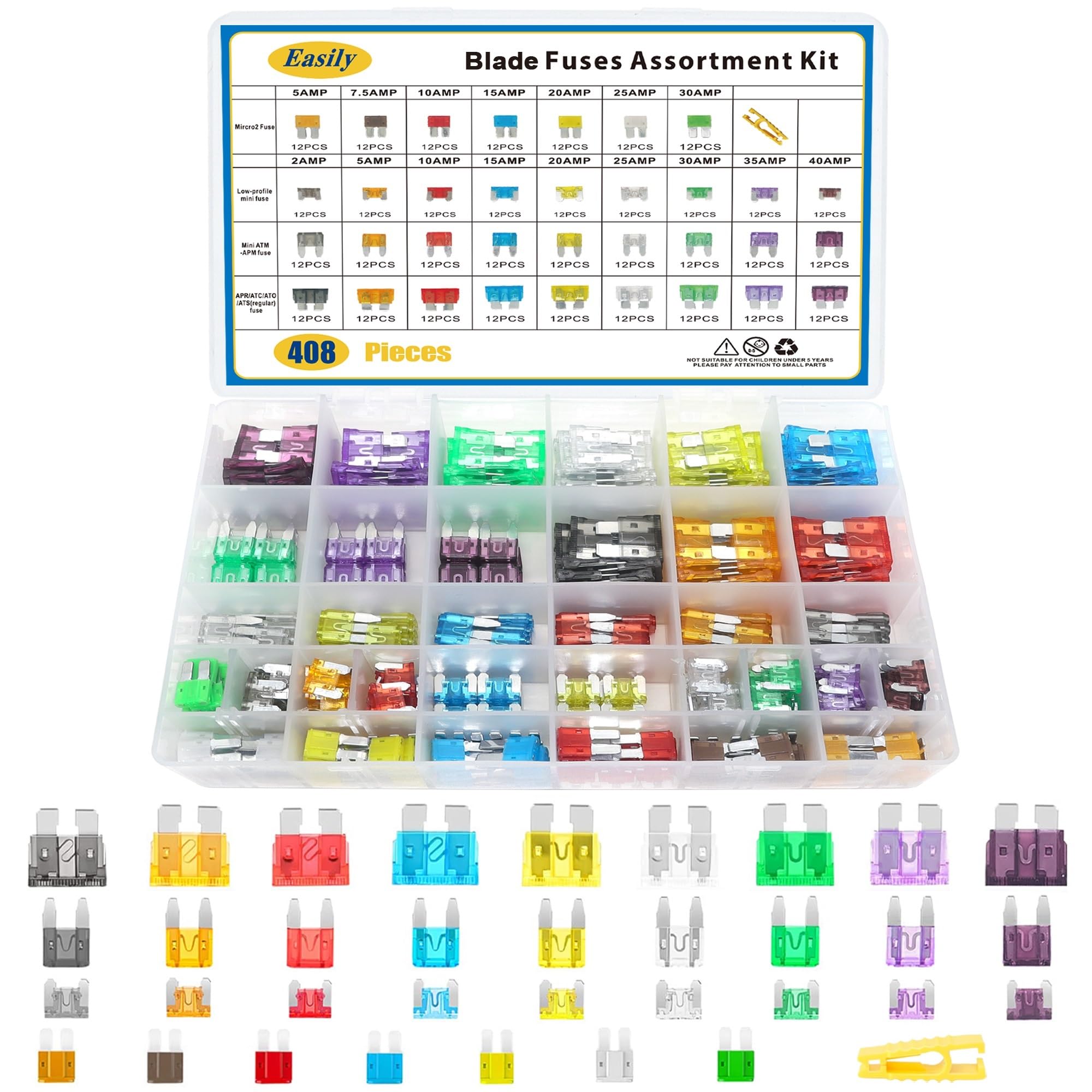 408 Pcs Car Fuses Assortment Kit Standard Mini Lp Mini Micro2 Blade Fuse Ato Atc Aps Ats Apr 2A 5A 7.5A 10A 15A 20A 25A 30A 35A 40A Replacement Fuses For Cars Trucks Rvs Boat, With 1 Pc Fuse Puller