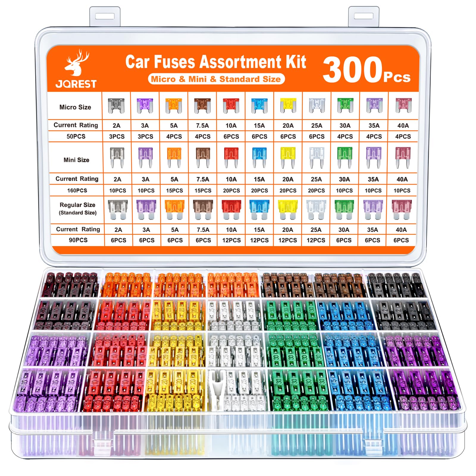 Jorest 300Pcs Car Fuse Assortment Kit, 160 Mini Blade Fuses Automotive + 90 Standard Auto Fuses + 50 Micro Fuse + 1 Puller – For Car/Rv/Truck/Motorcycle(2Amp 3A 5A 7.5A 10A 15A 20A 25A 30A 35A 40A)