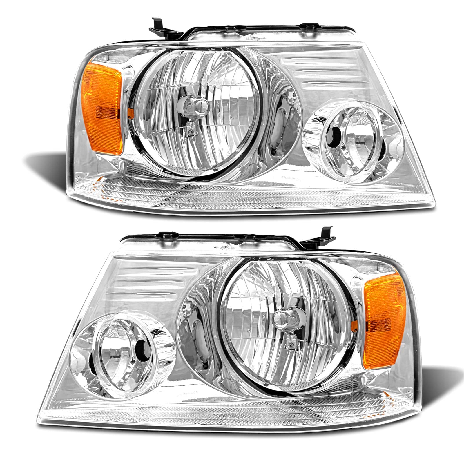 Adcarlights For 2004 2005 2006 2007 2008 F150 Headlight Assembly Compatible With 2004-2008 Ford F150 Pickup/ 2006-2008 Lincoln Mark Lt Clear Lens Chrome Housing Amber Reflector Headlamp Replacement