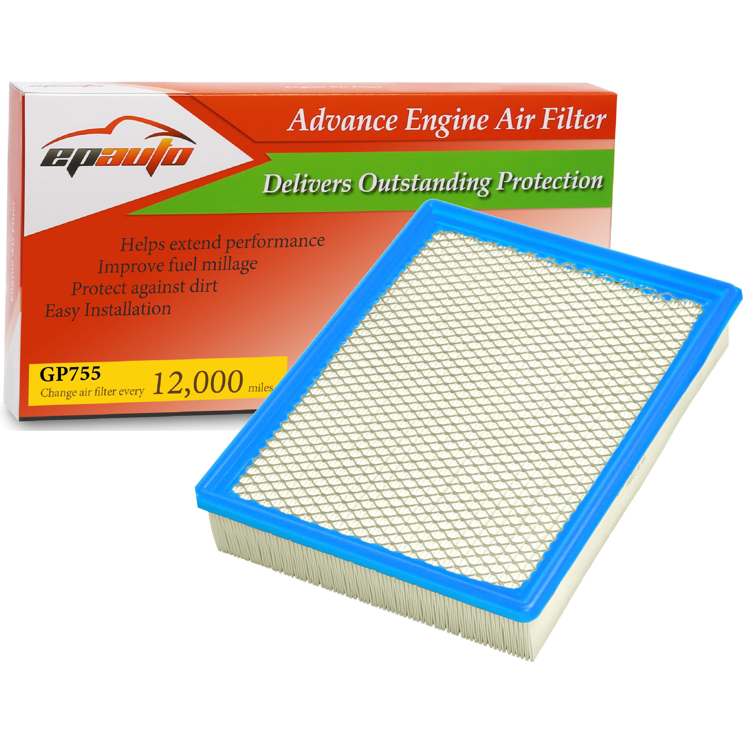 Epauto Gp755 (Ca8755A) Replacement For Cadillac/Chevrolet/Gmc Panel Engine Air Filter For Silverado(1999-2019),Suburban(2000-2019),Tahoe(2000-2019),Sierra(1999-2019),Yukon(2000-2019)