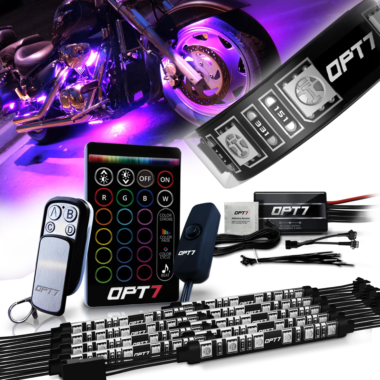 Opt7 Aura Motorcycle Led Accent Lighting Kit, Rgb Multi-Color Lights Kit With Remote, Motorcycle Lights Underglow Strips Accessories With Switch For Cruisers, 10Pc Single Row