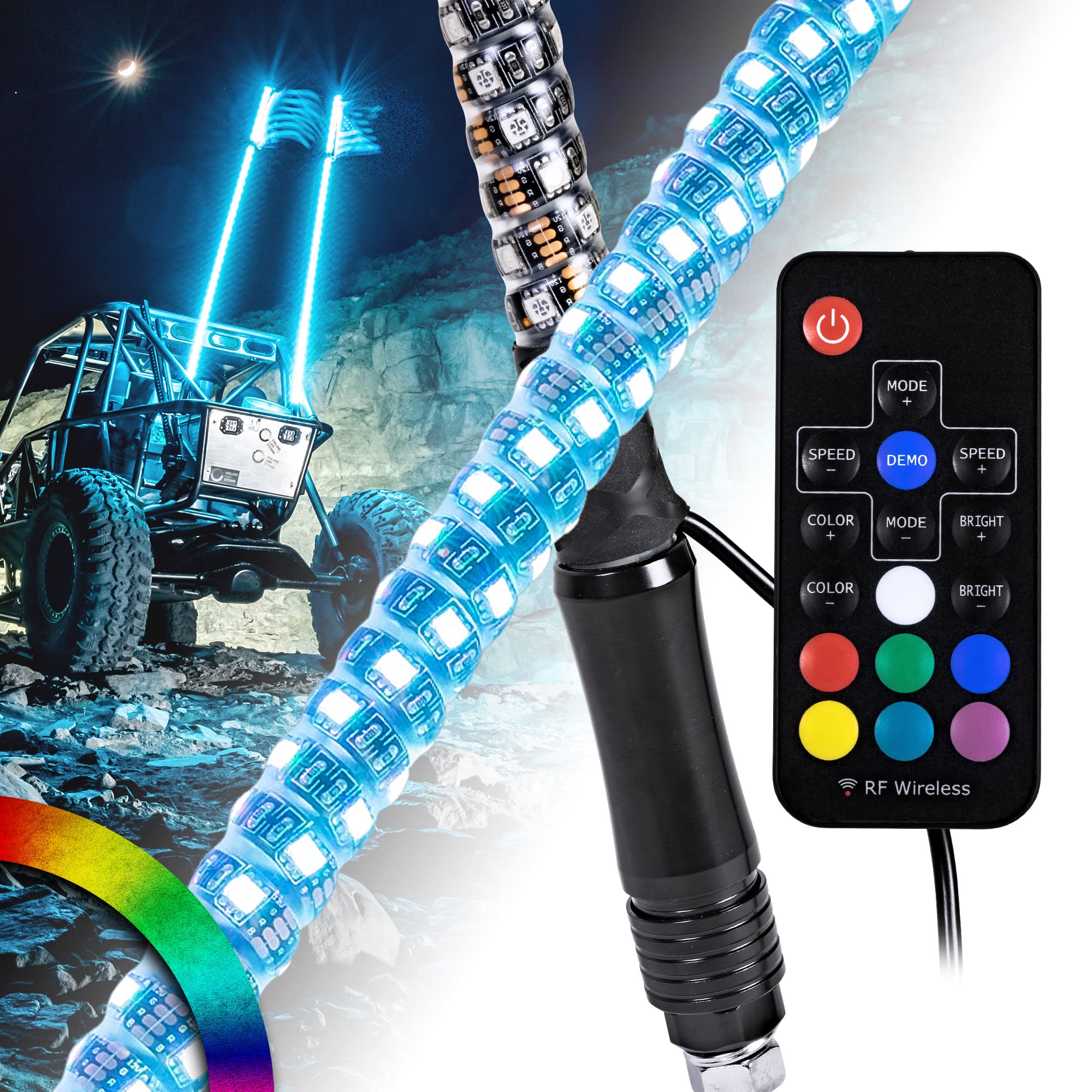 True Mods 2Pc 2Ft Spiral Rgb Led Whip Light For Utv Atv [Rf Wireless Remote] Flag Waterproof Led Lighted Whip Cb Antenna Pole Stick For Rzr Can-Am Polaris Sxs 4X4 Quad Dune Buggy 4 Wheeler Accessories