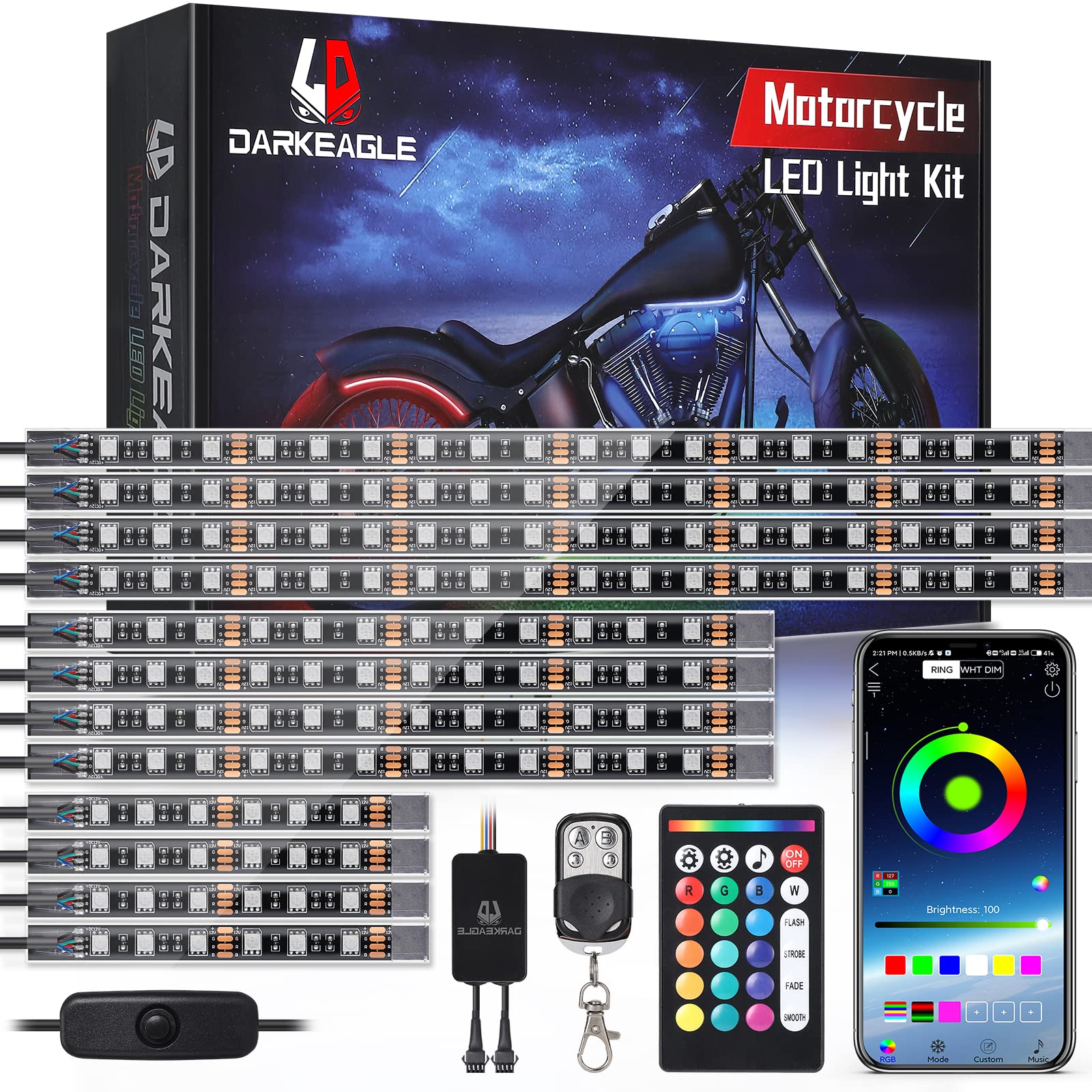 12Pcs Motorcycle Led Light Kit With Brake Light Turn Signal, Motorcycle Underglow Lights With App/Rf Remote Control, Dual Zone Rgb Neon Strips Multicolor Waterproof For Harley Honda Kawasaki Yamaha