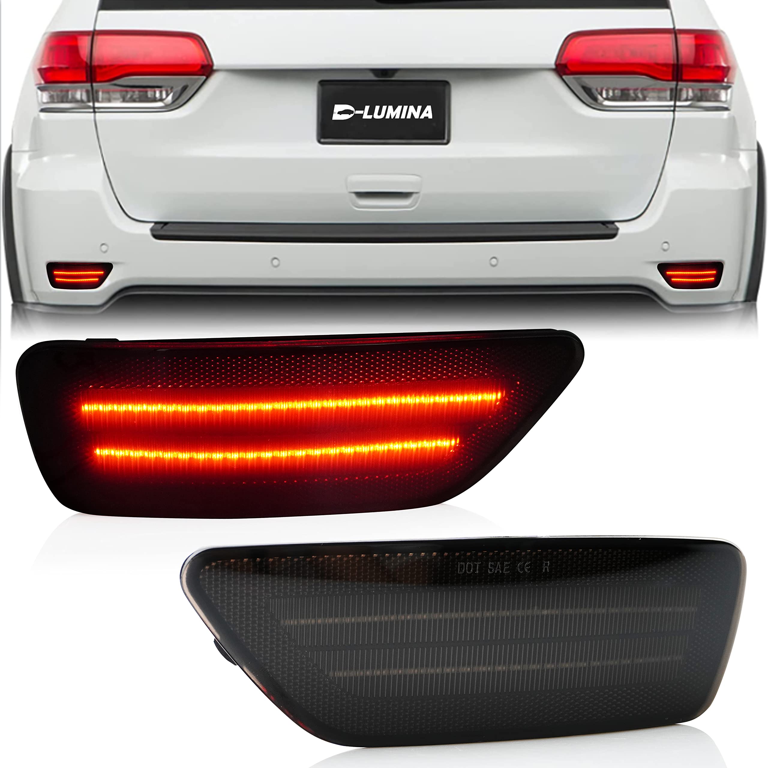 D-Lumina Rear Bumper Led Reflectors Light Lamp Assembly Fog Light Kit Compatible With Je-Ep Grand Cherokee, Compass, Patriot & Dodge Journey, Rear Bumper Reflector Light Smoked Len Foglamp, Pack Of 2