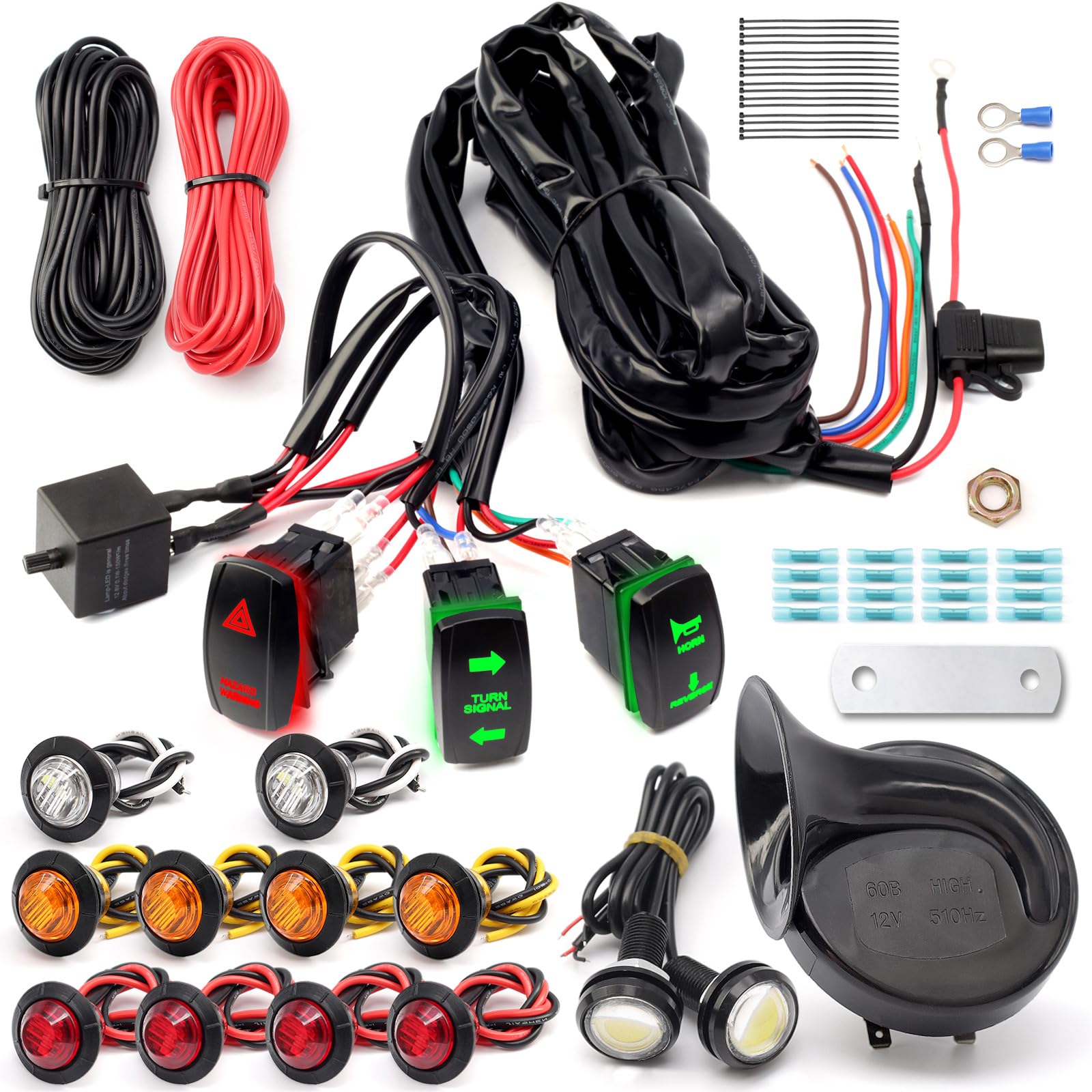 Pre-Wired Atv Utv Turn Signal Kit, Universal Dirt Bike Street Legal Kit With Horn Reverse Hazard Turn Light Rocker Switch & Flasher Relay Fuse, Side By Side Blinker Kit For Polaris Can-Am Golf Cart
